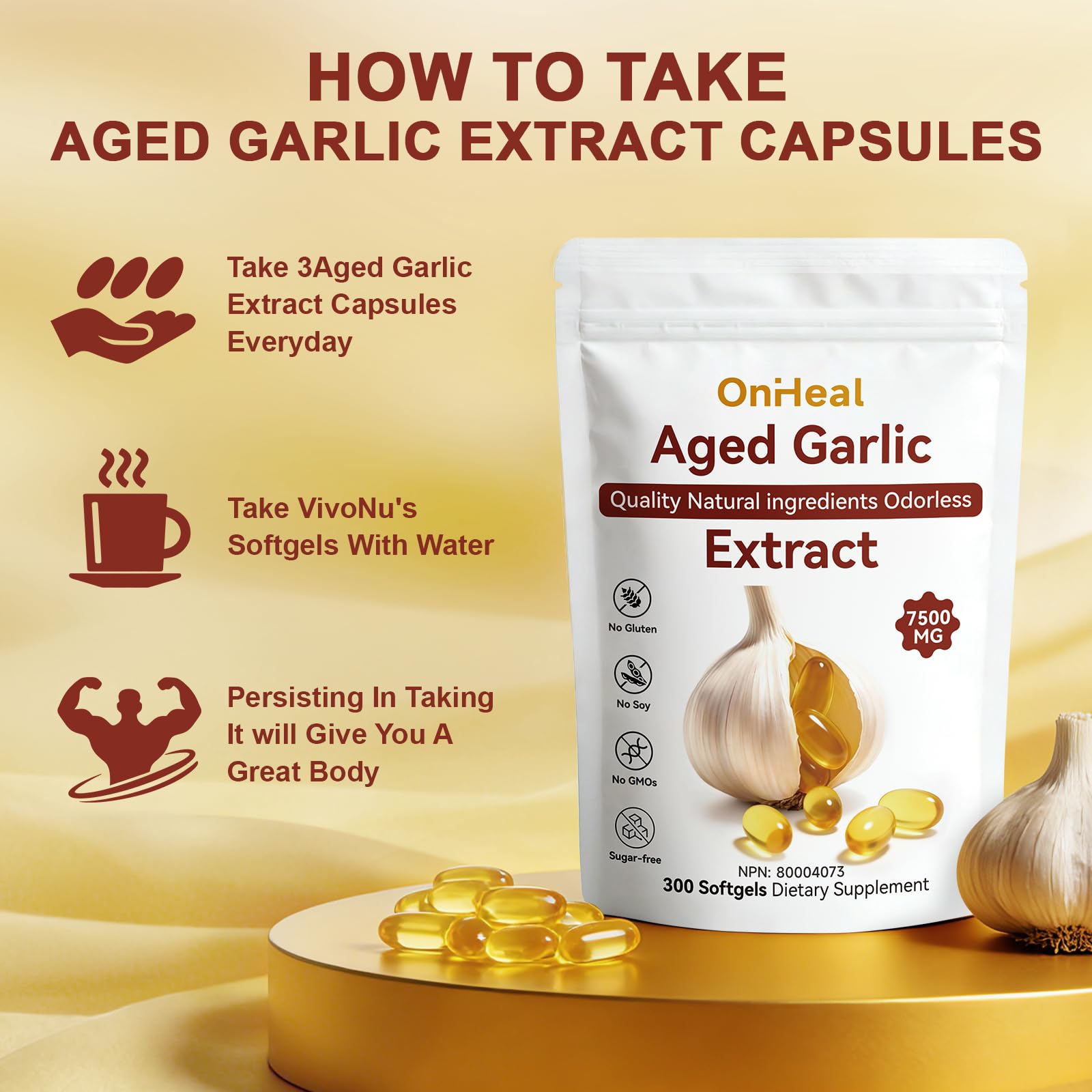 OnHeal Aged Garlic Extract Capsules, 300 Count 7500mg Odorless Garlic Supplement, Rich in Magnesium, Chromium, Vitamin B1 & B9, Supports Immune Health and Heart Function | 2-Year Aging | Antioxidant Benefits — view 6