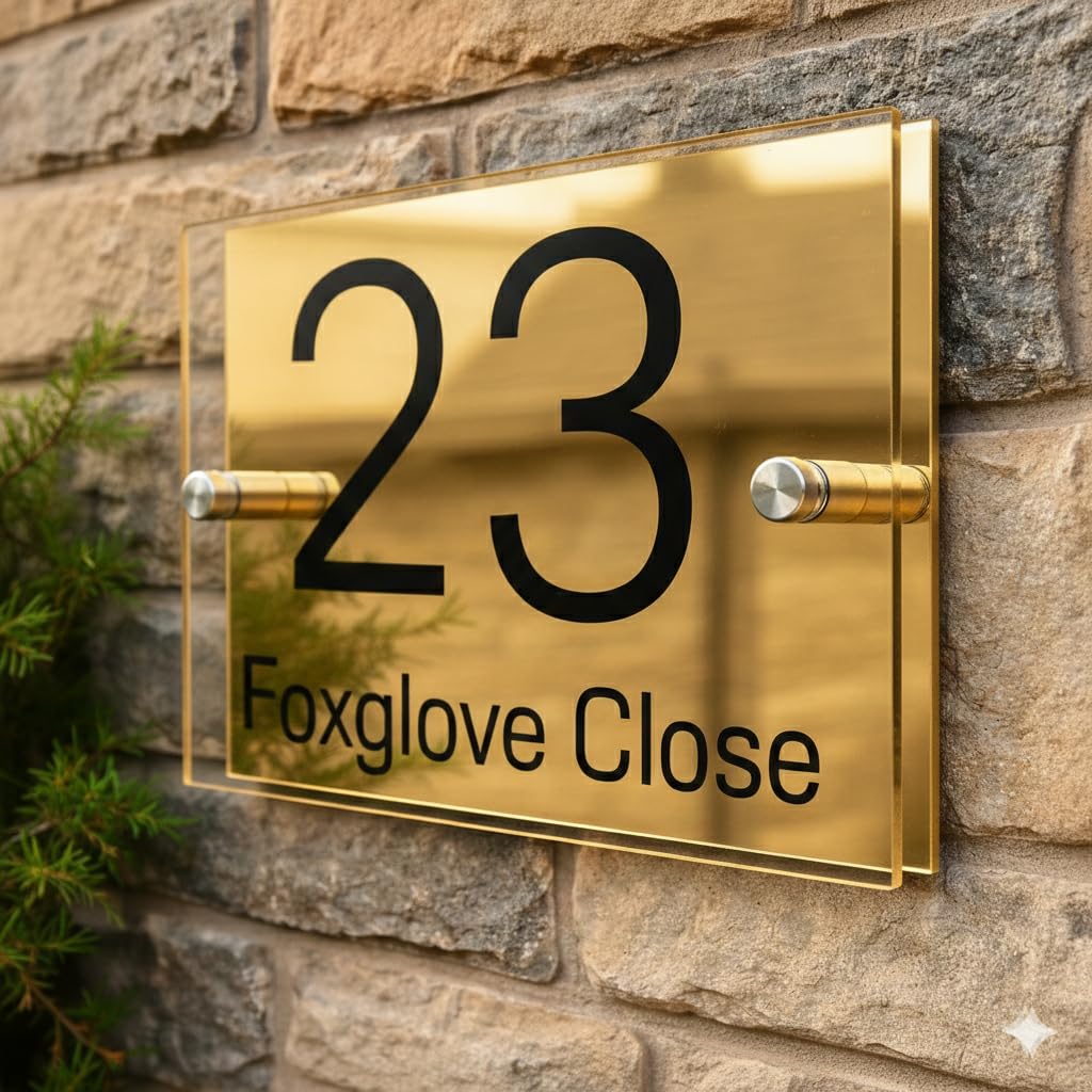 Personalised House Numbers Plaques by Blitz Craft | Glass Effect Acrylic and Gold Mirrored Finish | Custom Address Text with Door Numbers for Outside, Weatherproof Design with Fixings (200x130mm)