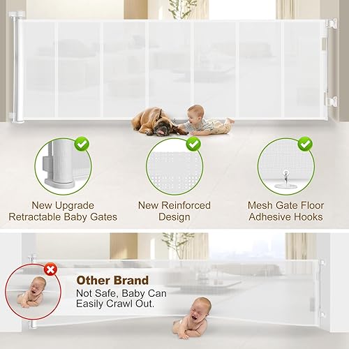 Miniatura 2 de Puertas retráctiles para bebés de 120 pulgadas de alto, puerta retráctil con diseño de tira reforzada para evitar que se arrastre, puerta retráctil
