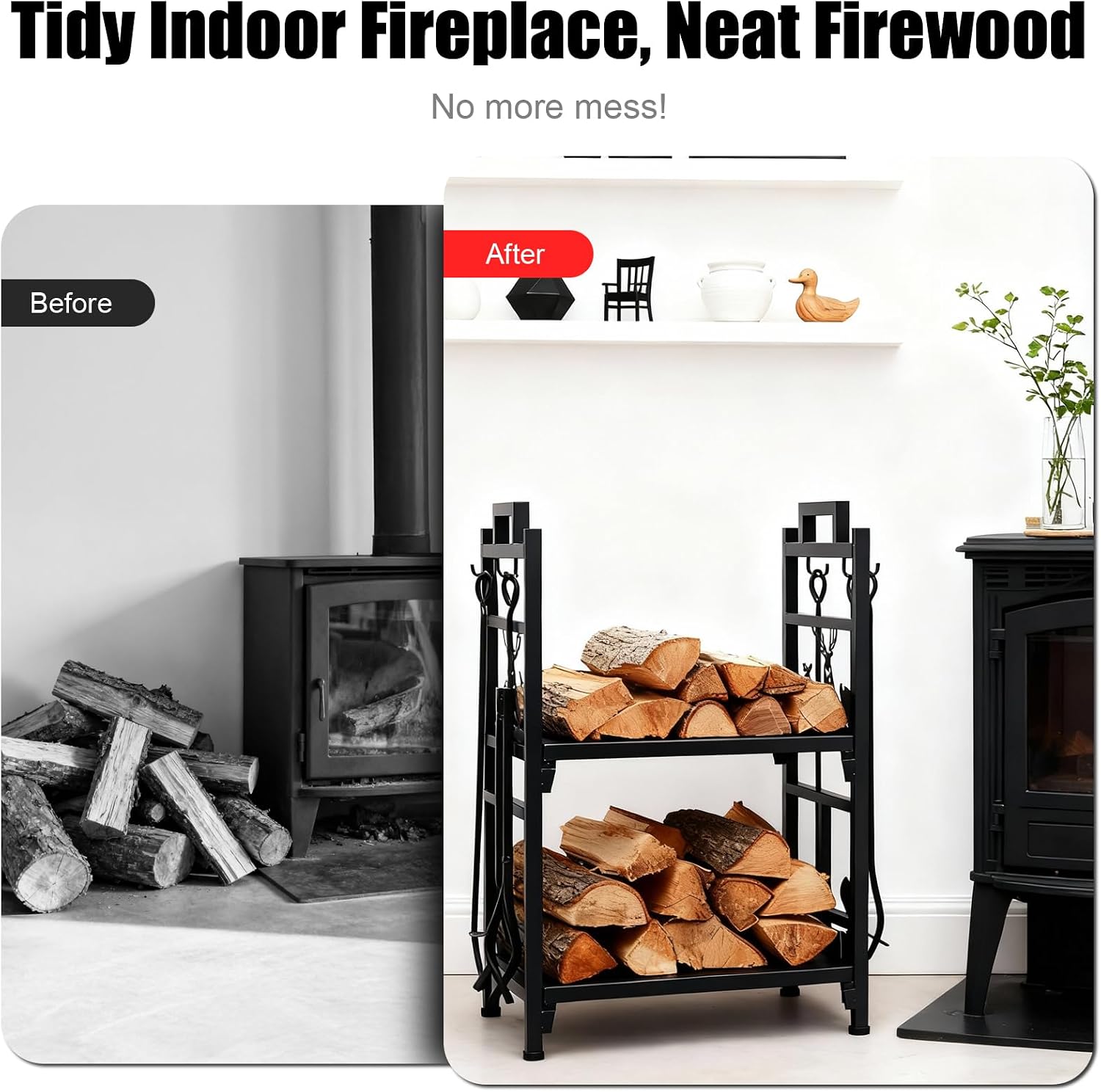Outvita 2 Tier Firewood Log Rack, Iron Lumber Storage Holder, Wood Pile Stacker Organizer for Indoor Outdoor Fireplace Fire Stove Pit With 4 Fire Tools Hanging Hooks Christmas Elements Black