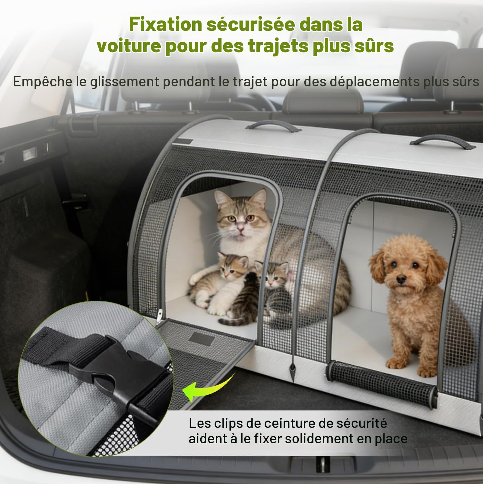Cage Transport Chien Voiture, Caisse Transport Pliable 100cm avec 2 Portes | Caisse Chien Voiture Siège 100×50×50 cm, Double Compartiment, Mesh Respirant, Ceinture Sécurité, Idéale Voyage et Camping