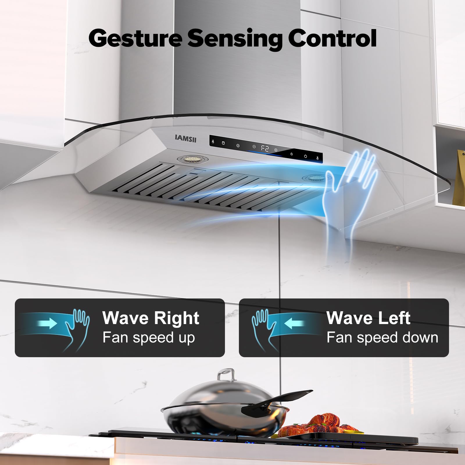 Campana extractora de 30 pulgadas de vidrio templado de 900 CFM, control remoto, gesto/táctil, ventilación de campana de cocina de acero inoxidable con ventilador de escape de 4 velocidades, luces