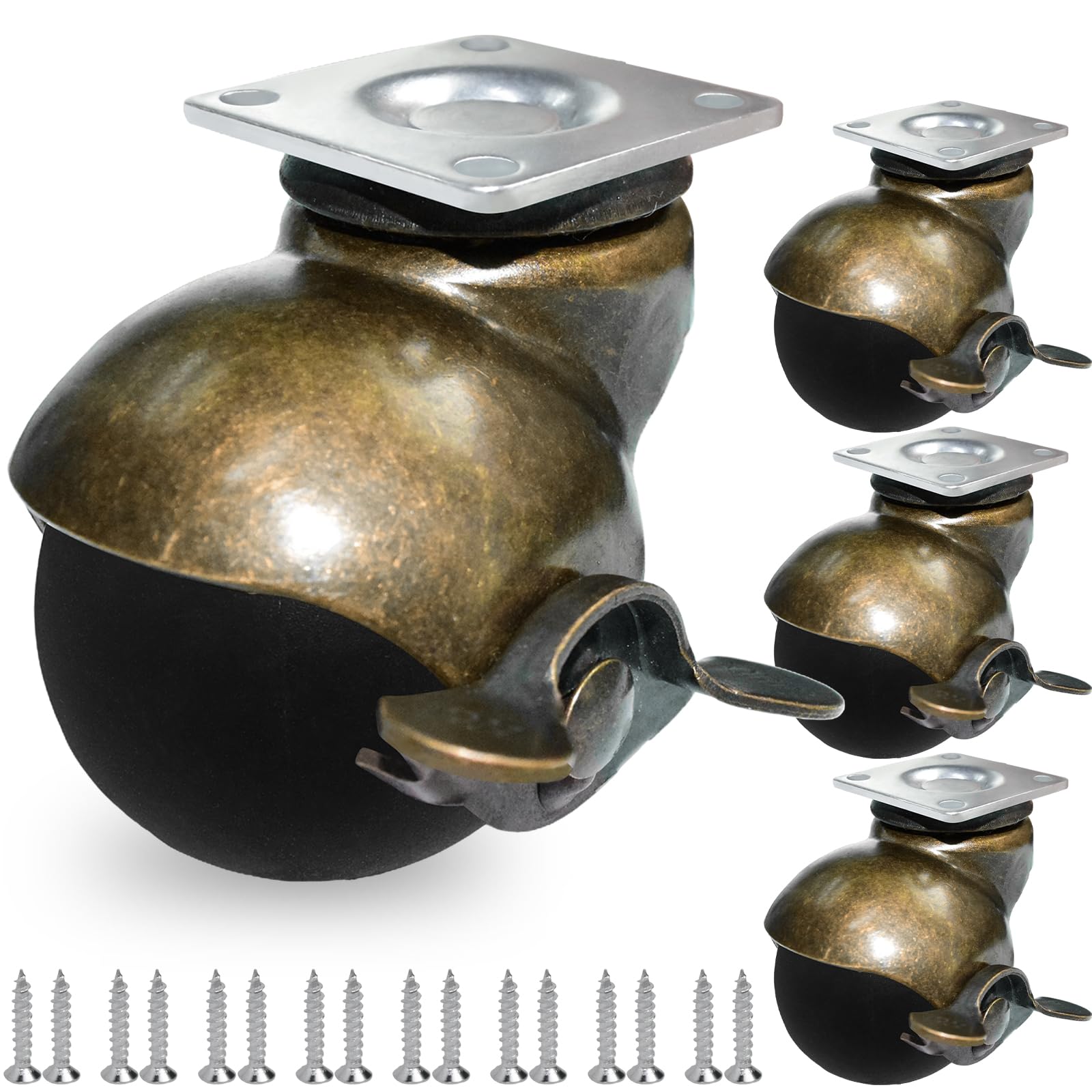 2-Zoll-Kugelgelenkrollen aus TPR-Platte, Messing, Vintage-Antik-Möbelrollen mit Bremsen, Schwerlast-Set (4 Stück), Lenkrollen für Möbelbeine, Schränke, Sofas, Couchtische