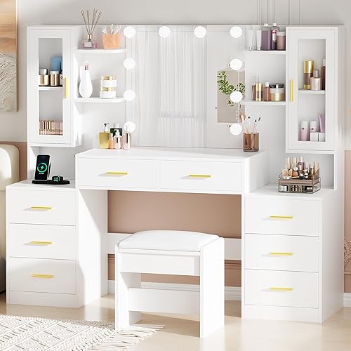 BEWISHOME Vanity Desk with Mirror and Lights,59.1" Large Makeup Vanity Table with Power Outlet and Stool,Dressing Table with 8 Drawers & 6 Storage Shelves,White Makeup Vanitys for Bedroom Women FVT67W