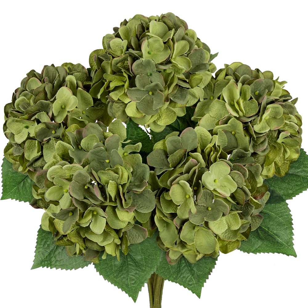 Hollyone Olive Green Hydrangeas Bunch Artificial Flowers, Large Fake Hydrangeas Bouquet Faux Silk Flowers for Home Decor, Flower Arrangement, Wedding, Living Room Decorations