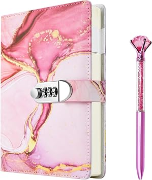 Diary with Lock, A5 PU Leather Digital Notebook with Lock120 Sheets/240 Pages Password Locked Travel Notebooks with Pen A5 Fashion Password Book with LockDiary Personal Notebookfor Birthday Gifts - P