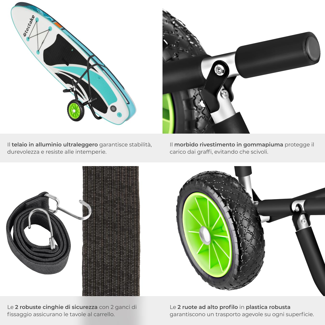 tectake® Carrello da Trasporto Tavola Surf, Carrello Pieghevole con Ruote Portatutto, Trolley Porta Tavola Surf, Kayak, Sup, Stand Up Paddle, Tavole Gonfiabili, In Alluminio con 2 Cinghie - Nero/Verde
