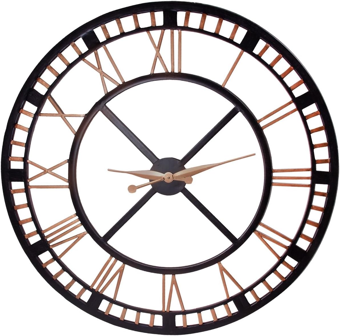 Large Analog Metal Wall Clock with Roman Numbers 36-inch Black & Gold/Bronze ~ Wall Decor