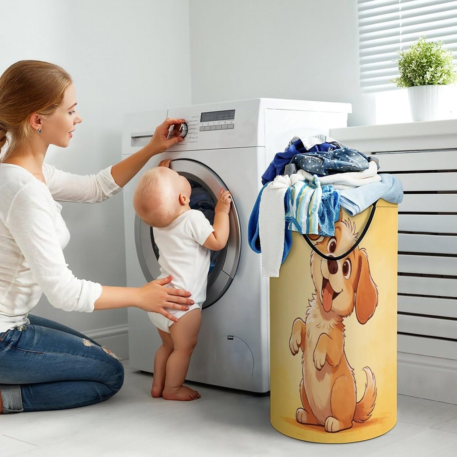 Funny Little Dog Laundry Hamper 86L Waterproof Collapsible Clothes Basket with Double Handles Freestanding Foldable Laundry Basket Large Clothes Hamper for Bathroom