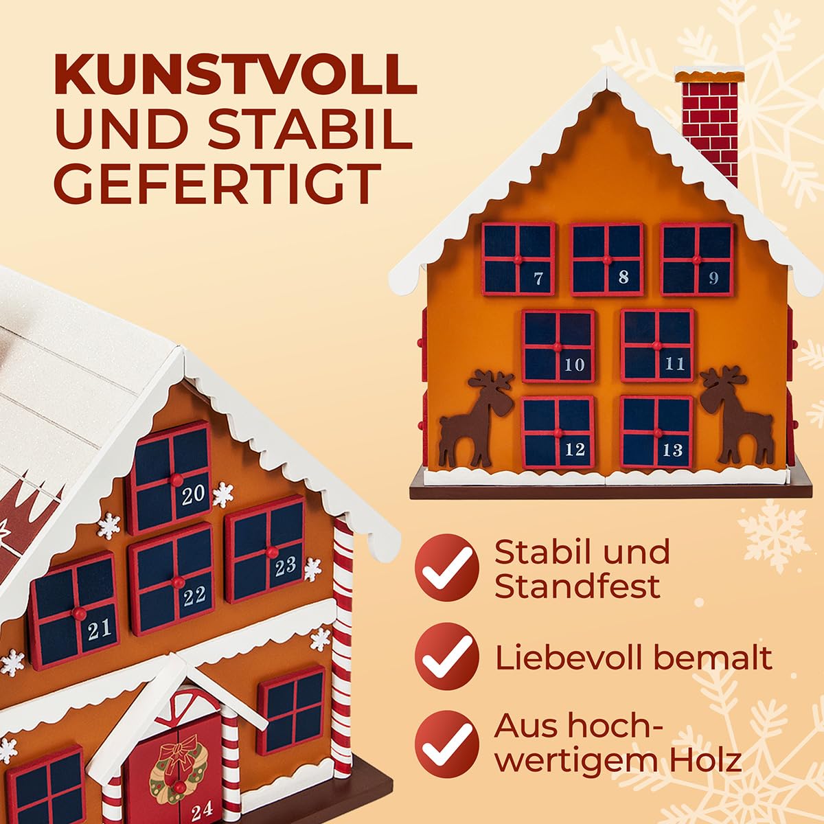 SPIELWERK® Adventskalender Winterhäuschen zum Befüllen 24 Türchen wiederverwendbar Bunt Bemalt Weihnachten Kinder DIY weihnachtliche Holz Dekoration