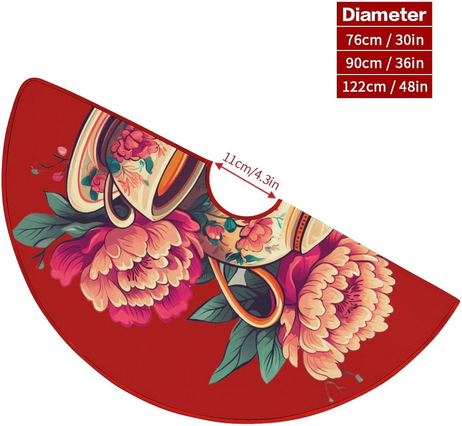 Floral Flowers Tea Cup Teapot Christmas Tree Skirt Ornaments Christmas Tree Mat for Home Party Holiday Decorations