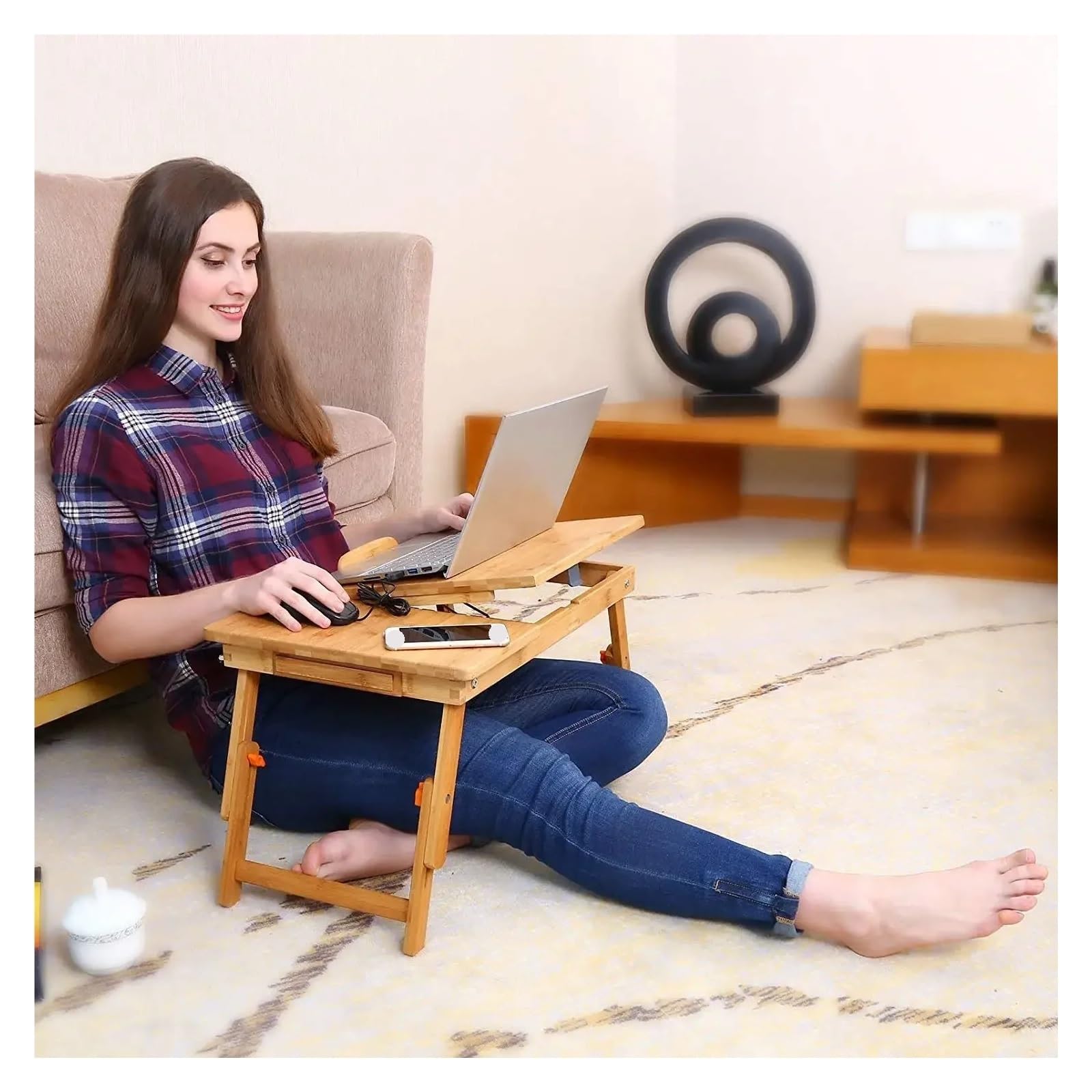 Verstellbarer Bambus-Laptop-Bett-Tablett, Tisch, faltbar, Frühstücksschreibtisch mit geneigtem tragbarem Laptop-Ständer für Bett und Sofa, ideal für Arbeit und Freizeit