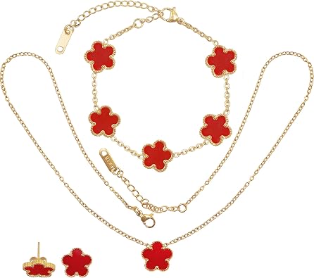 18K Gold Five Leaf Lucky Clover Jewelry Set - Complete Necklace Bracelet Earrings Gift Collection for Women