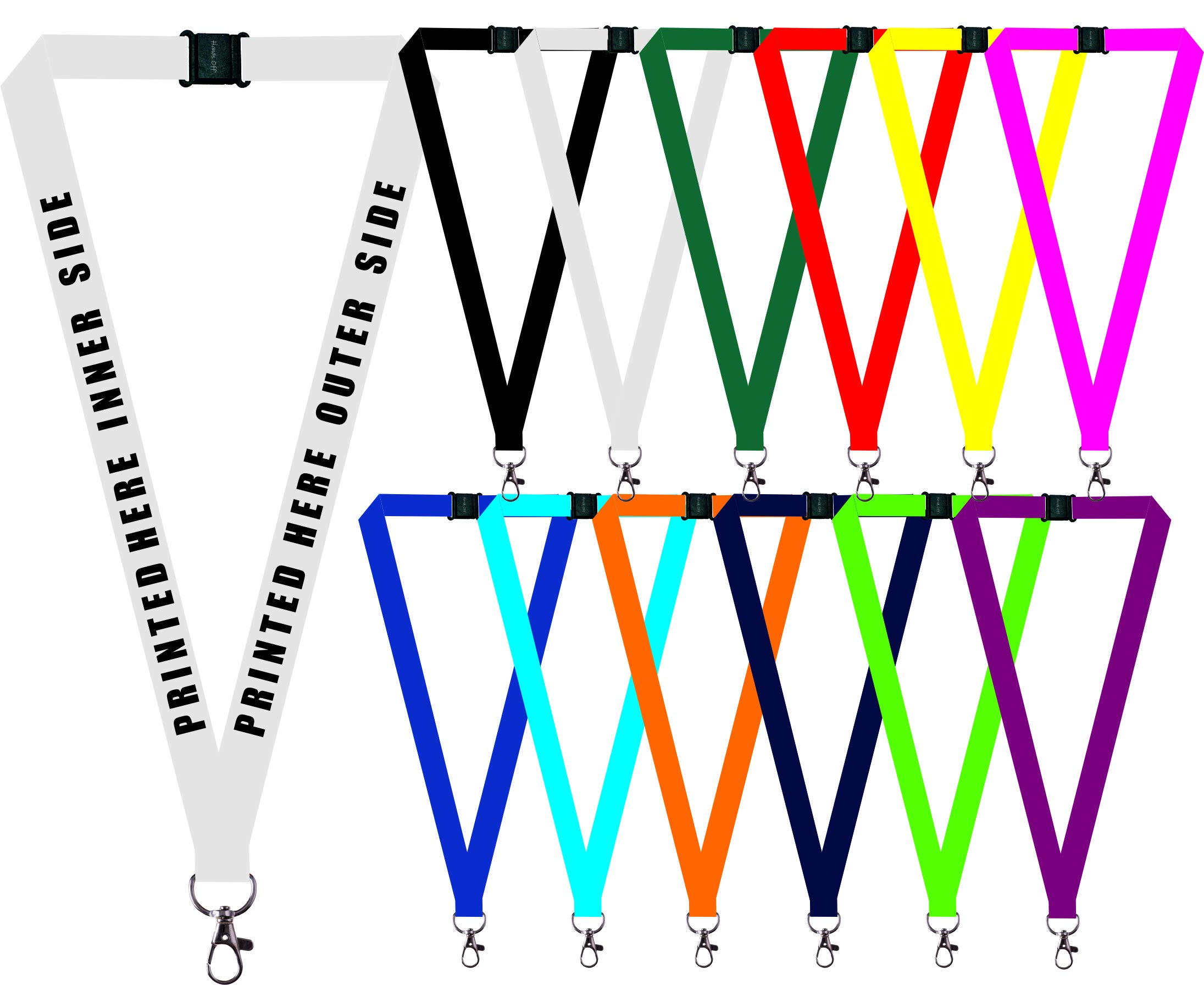 1 x Personalised Printed Neck/Lanyard. Personalised ID Neck Strap Lanyard for holding a name badge, ID card or keys. Red, Blue, Black, Yellow, White (WHITE) (Hands Off ยฎ Lanyard) โ image 1