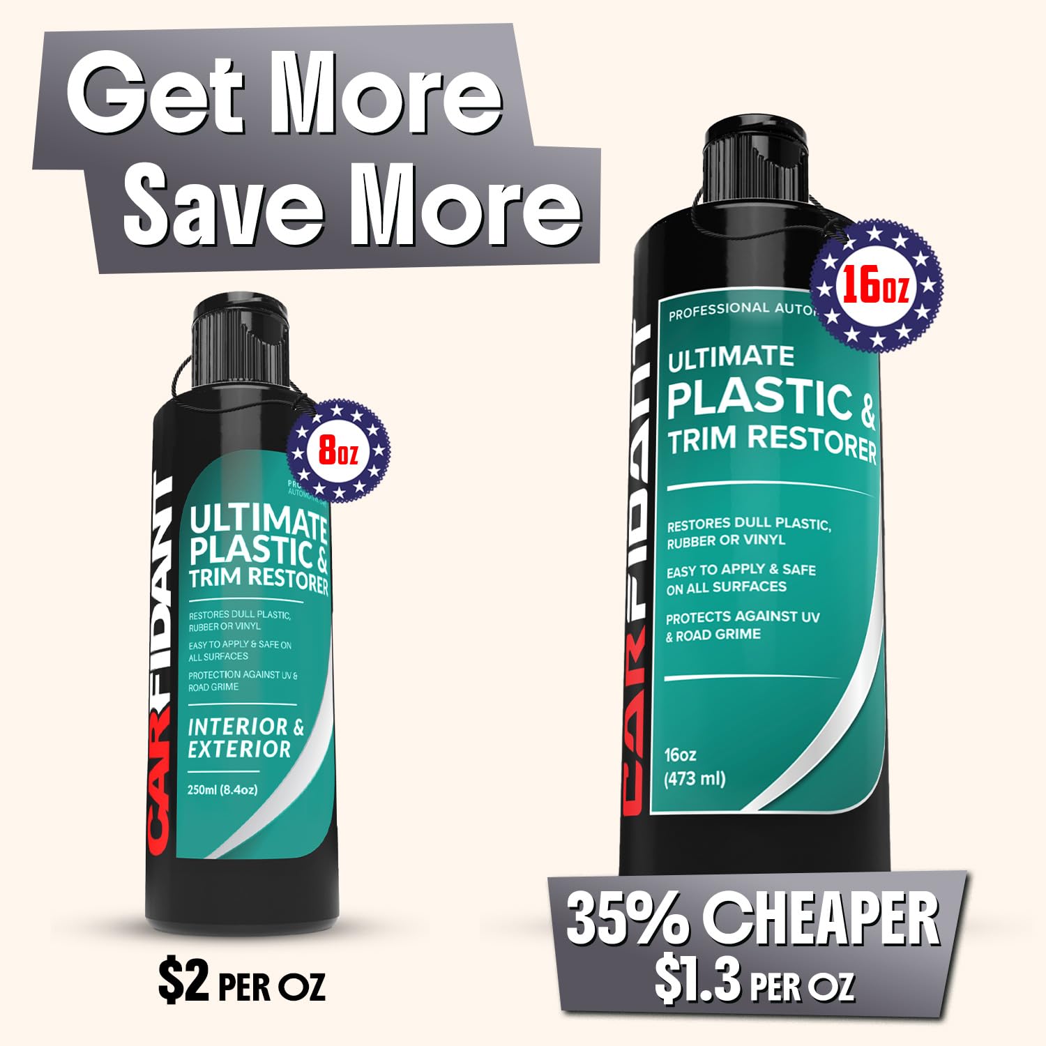 Carfidant Trim & Plastic Restorer - Restaura el plástico Descolorido y Opaco, Goma, Vinilo de Nuevo a Negro. Protector y sellador de los Rayos UV y la Suciedad, fácil de aplicar, 16 onzas líquidas