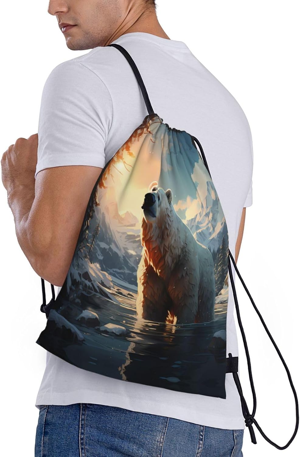 Polar bear in winter Foldable drawstring backpack, lightweight storage bag - large-capacity fitness travel bag image 2