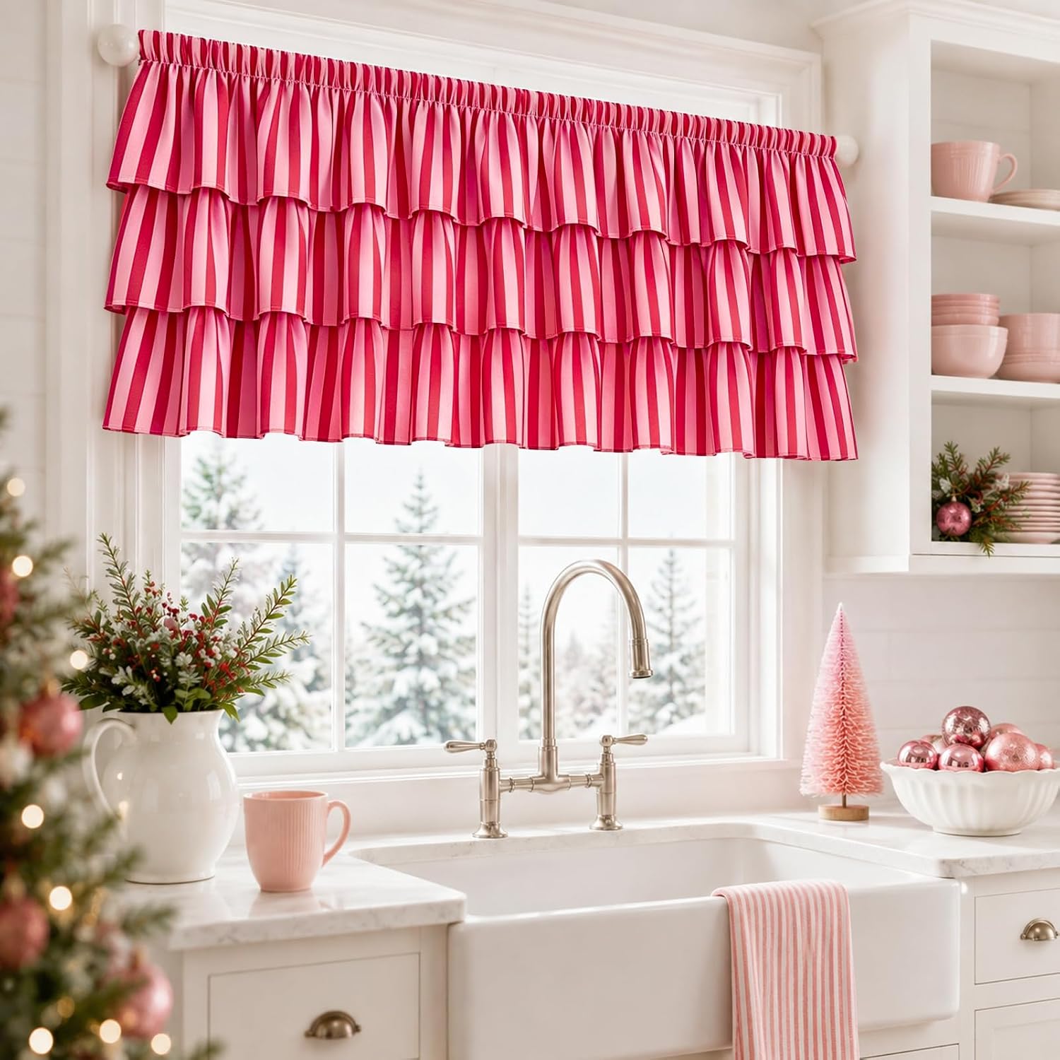 FYSUIMU Ruffled Curtain Valance, Red Pink Stripe, 18 x 50 Inch