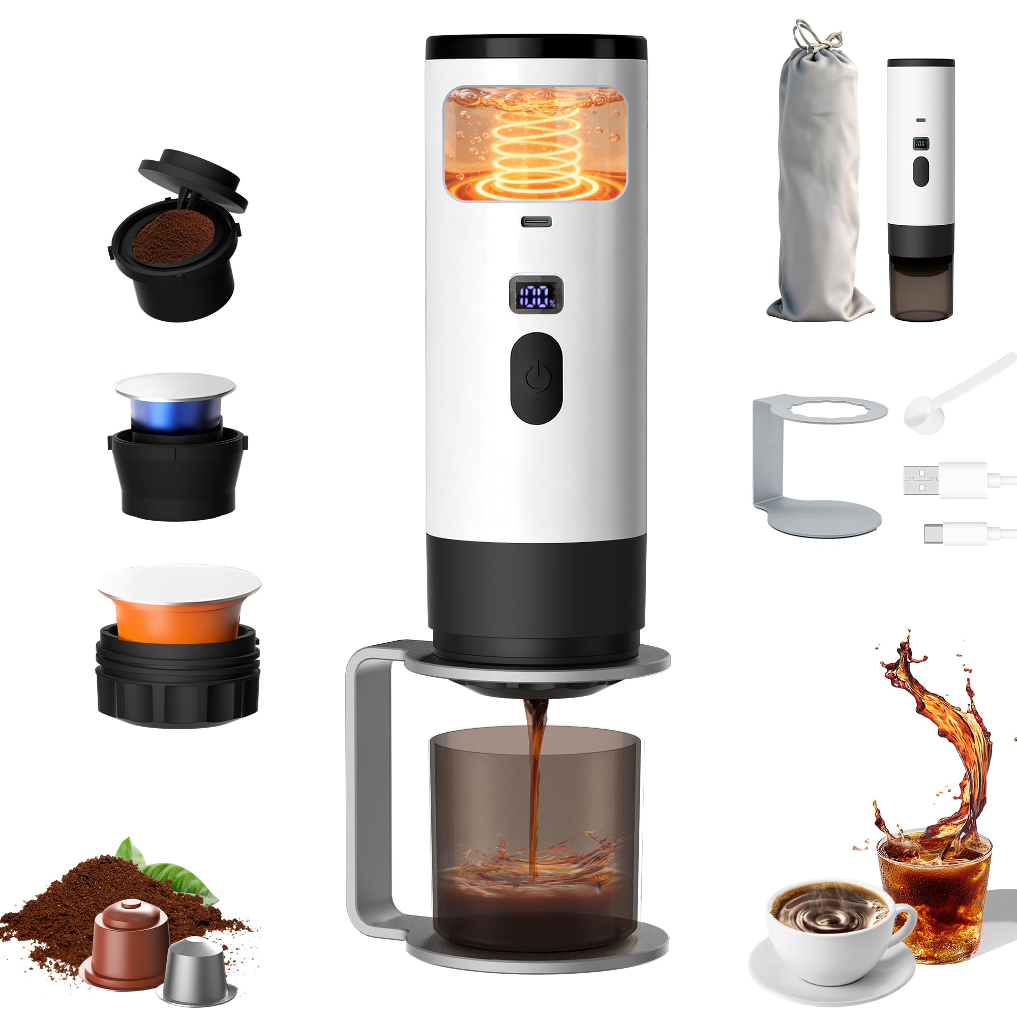Macchina per caffè espresso portatile 3 in 1 con batteria | Macchina da caffè con funzione di riscaldamento | Ricarica di tipo C | Temperatura e indicatore batteria | Caffè da viaggio