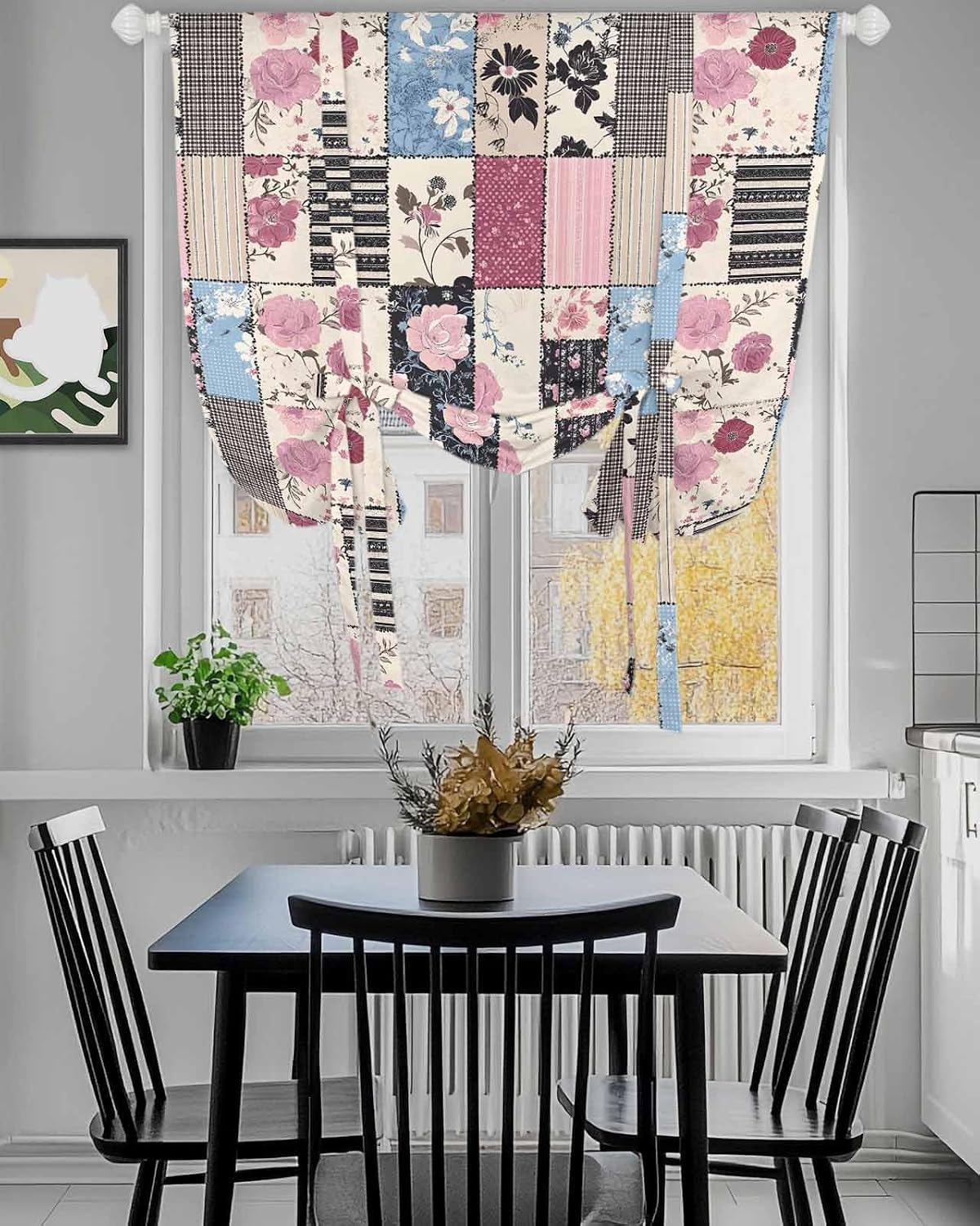 Tie Up Curtain for Windows Pink Floral Balloon Window Shades for Bedroom Bathroom Adjustable Rod Pocket Farmhouse Vintage Texture Window Treatments Curtains Valance for Kitchen 52" W x 63" L