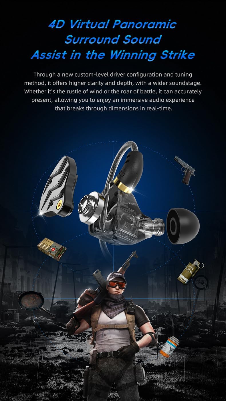 KG01 Professional Gaming Earbuds,Battle Buds,Detachable Microphone, 4D Surround Sound,11mm Dynamic Driver for Mobile Gaming, PlayStation,PC with 3.5mm/Type-c (3.5mm, Black)