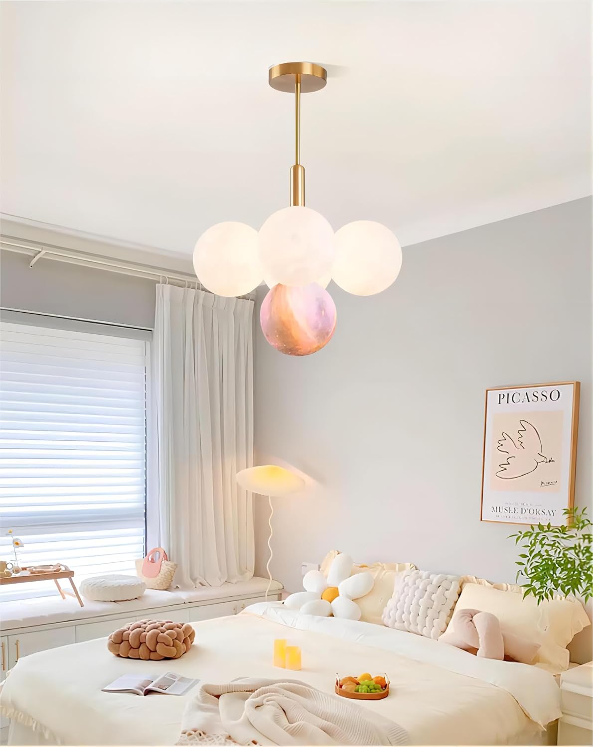 LIGHTLAND Modern Scandinavian Creative Simple Bubble Moon Chandelier, for Living Room Main Lamp Dining Room Bar Bedroom Room Chandelier-5 Lights (Colorful Ball Model)