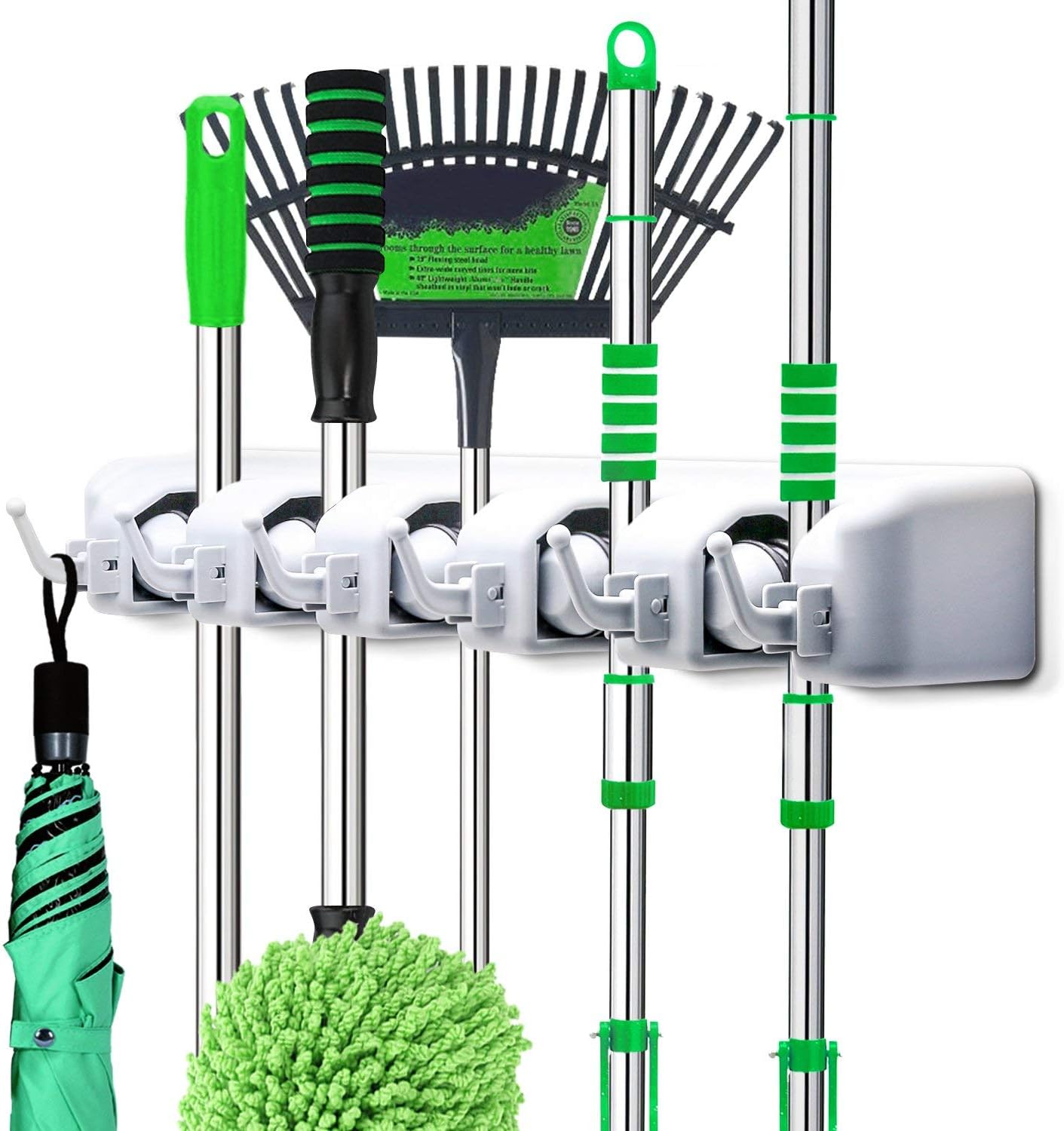 LETMY Broom Holder Wall Mounted, Broom and Mop Holder Tidy Organizer with 5 Position 6 Hooks, Storage Rack Organizer for Kitchen, Garden, Tools, Garage Organizing