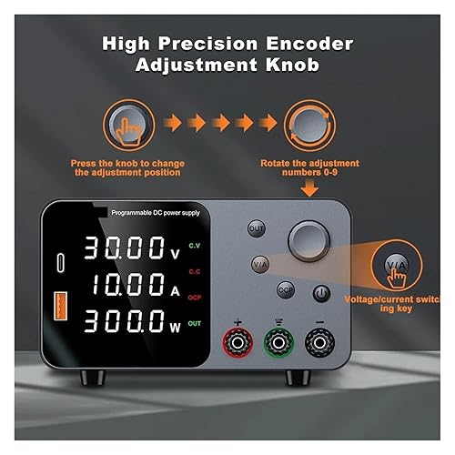 Vista 4 de Fuente de alimentación de 30V 10A CC Fuente de alimentación de banco de CC regulada de conmutación variable para carga rápida Pantalla LED