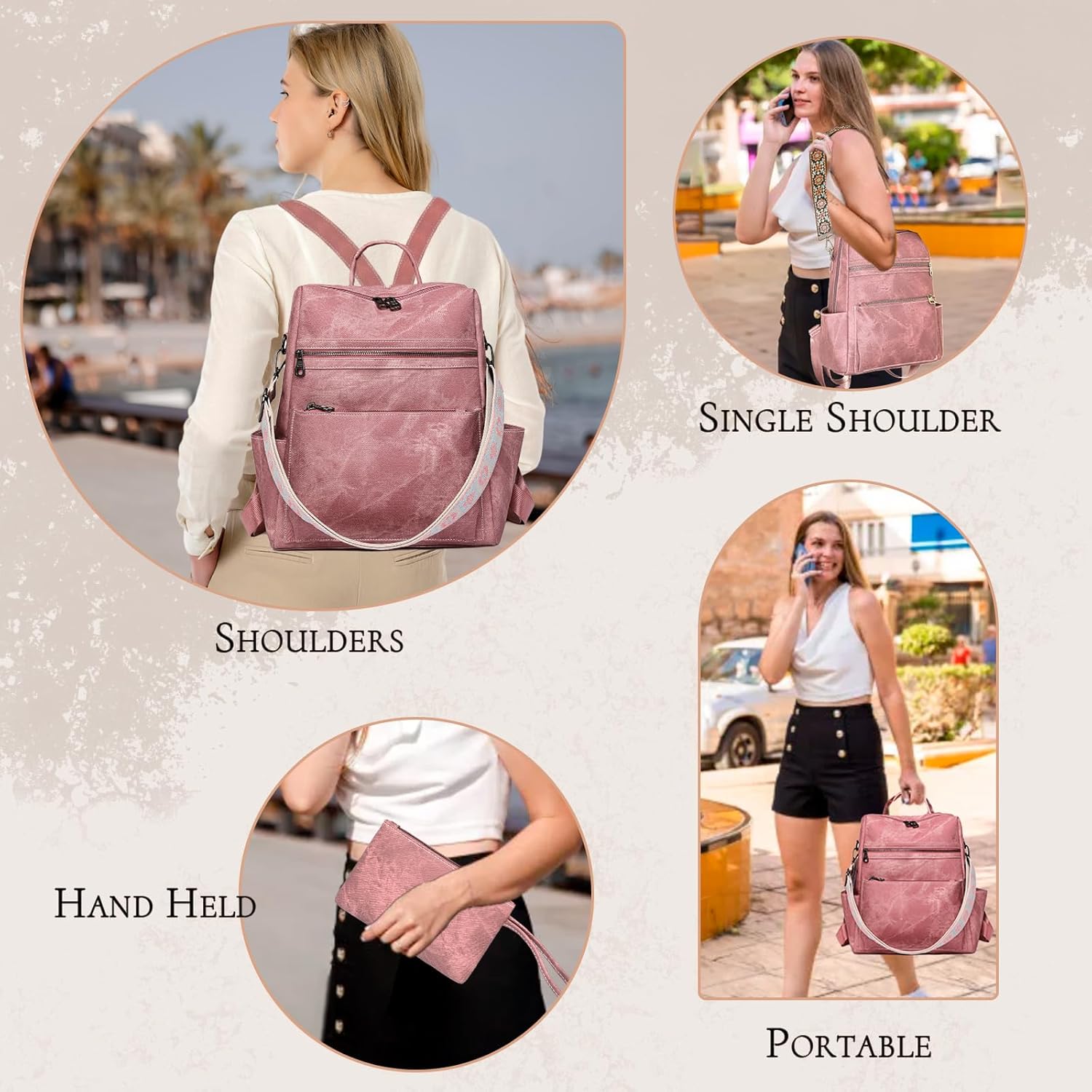 Backpack Purse for Women, Waterproof PU Leather Backpack, Anti-Theft Women Back pack, Lightweight Fashion Multipurpose Convertible Travel Shoulder Bag Handbag, Pink - Image 5