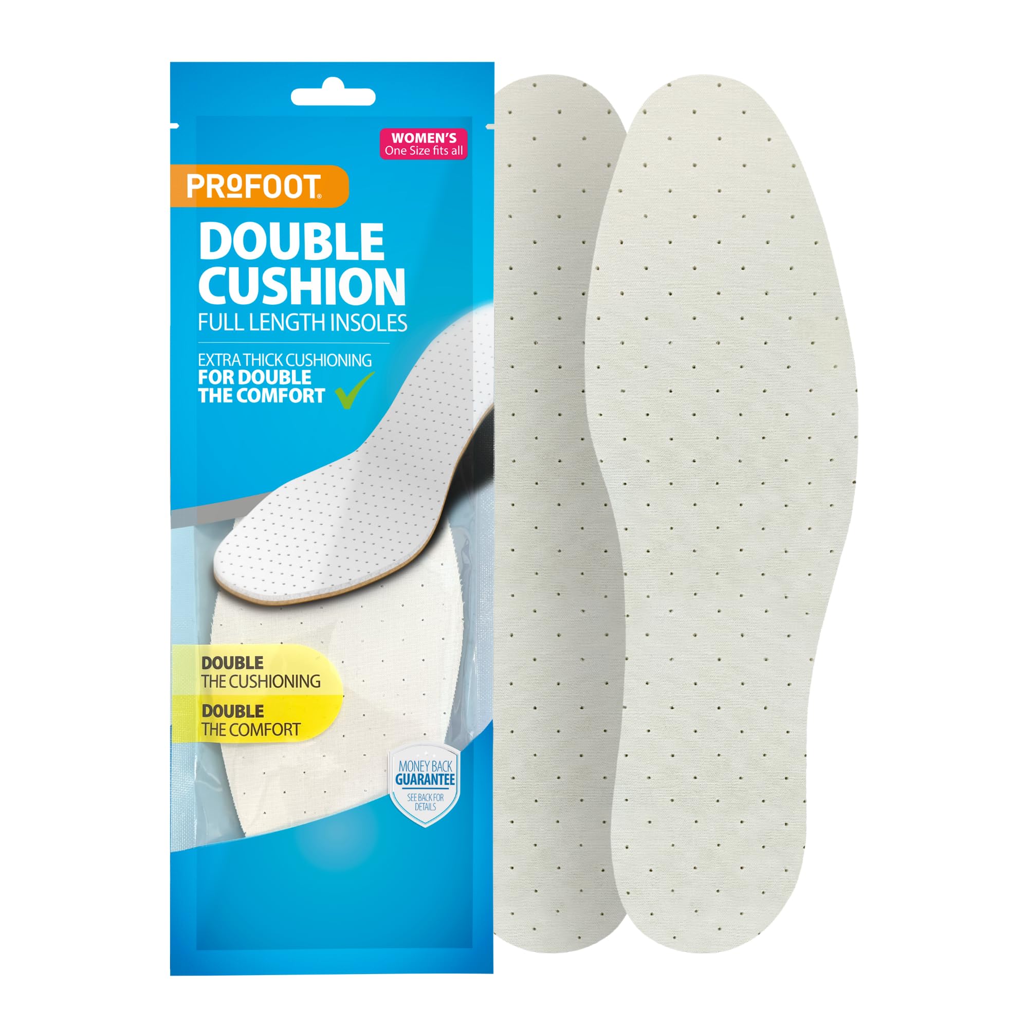 Profoot Double Cushion Insoles - Full Length Insoles for Women - Extra Thick Cushioning - Dual Layer Shoe Inserts - Ideal for Foot Discomfort - One Size Fits All - 1 Pair per Pack