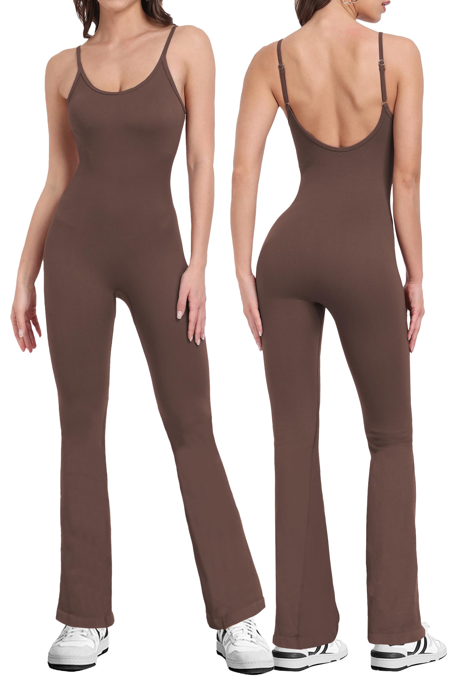 OEAKWomens Ribbed Jumpsuits Flare Pants Backless Unitard Full Body One Piece Workout Playsuit Sleeveless All in one Bodycon