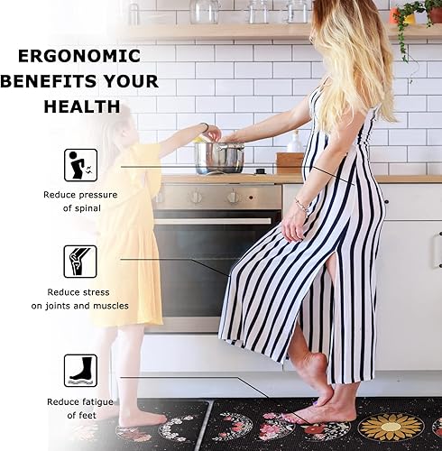 Miniatura 5 de Yinhua Tapetes de cocina de primavera, 2 piezas, diseño de flores de fase lunar para piso, antifatiga, tapetes de cocina acolchados florales, tapete