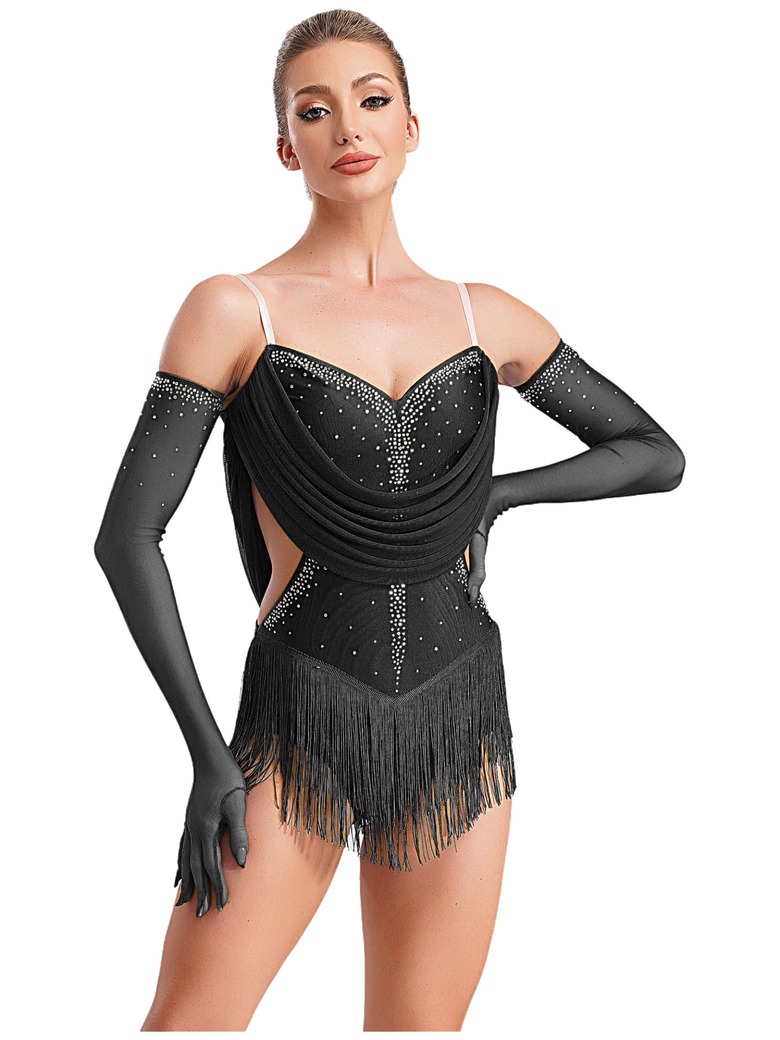 Body da donna Pattinaggio Artistico Stringato Strass con Guanti Vestito Vestito Danza Latina Costume Ginnastica Leotard Body