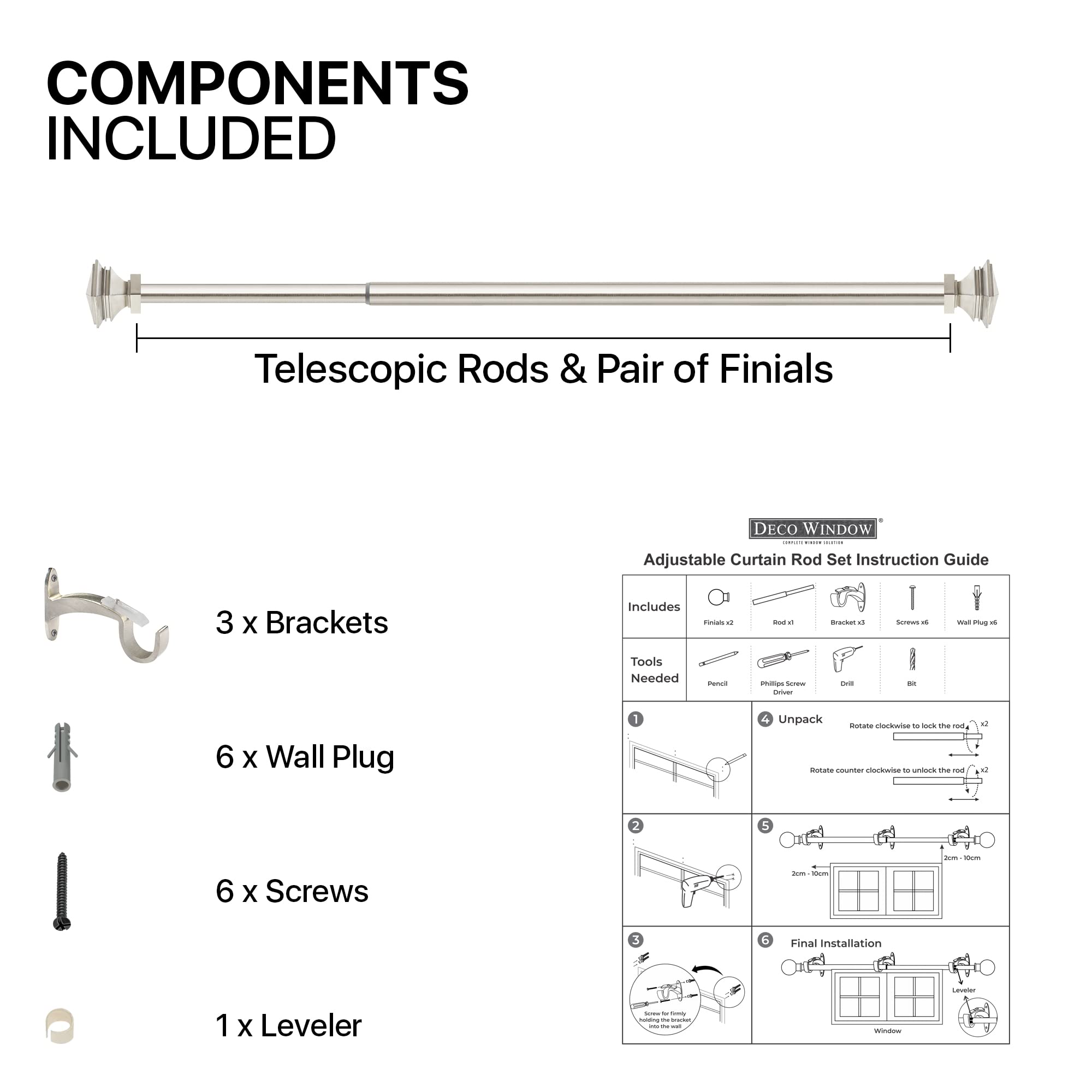 Deco Essential - Asta per tenda da 3/4, regolabile, da 167,6 cm a 304