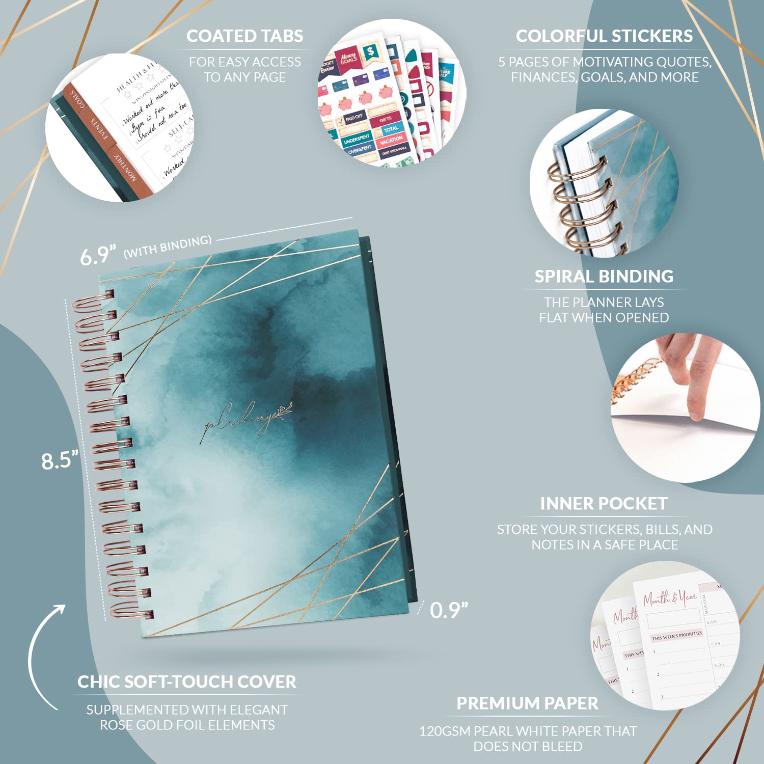 PLANBERRY Planer godzinowy Premium – niedatowany dziennik z przedziałami czasowymi dla produktywności i organizera budżetu, 17,5 x 21,6 cm (głębokość oceanu)