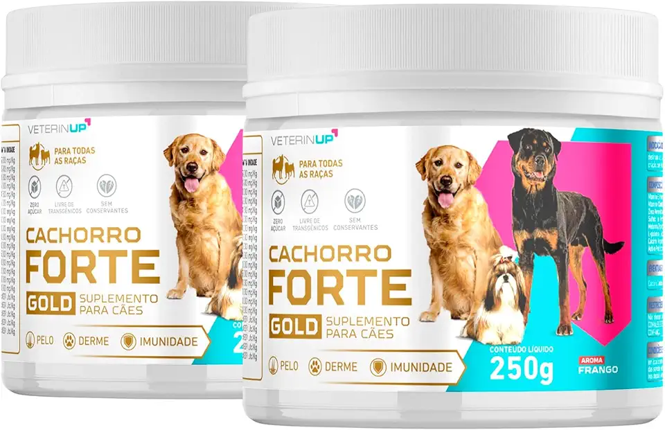 Suplemento Cachorro Forte Gold 4 em 1 500g | Queda de Pelos, Imunidade Forte, Energia | Super Suplemento Canino Fórmulado por Veterinários | VeterinUP