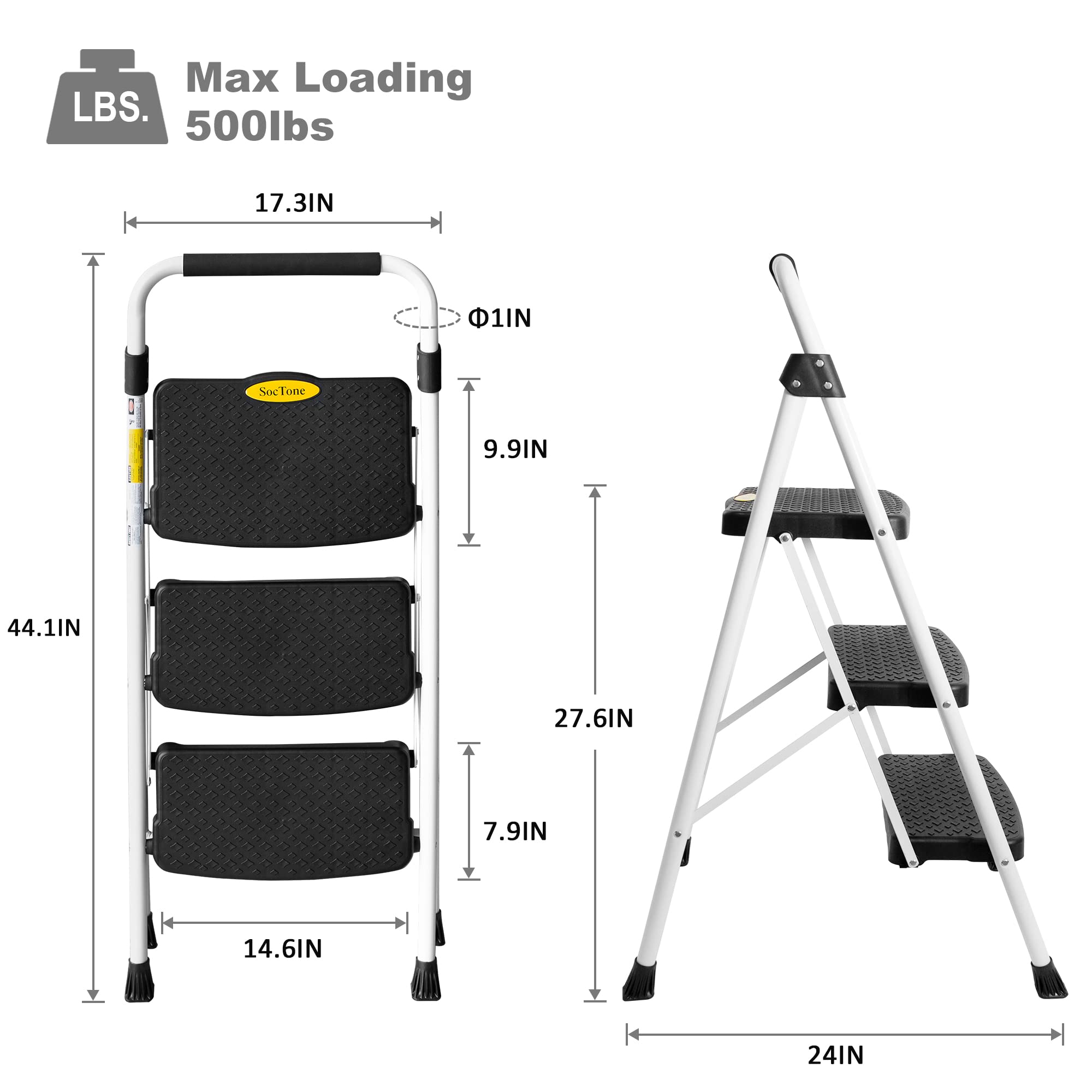 Buy 3 Step Ladder, Folding Step Stool for Adults with Handle