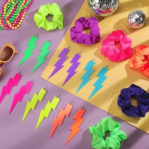 Miniatura 5 de Paquete de 12 coleteros de neón para el cabello de los años 80, 6 pares de aretes de neón de los años 80 y 90 para mujer, bandas elásticas para el