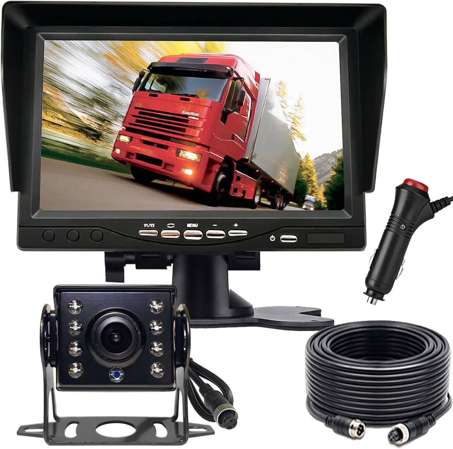 Sistema de Cámara de Marcha Atrás, Monitor TFT LCD HD 7", 12V-24V | Cámara marcha atrás impermeable 12V-24V, visión nocturna IR 8 LEDs, cable 15 m, para camiones, autocaravanas y cosechadoras