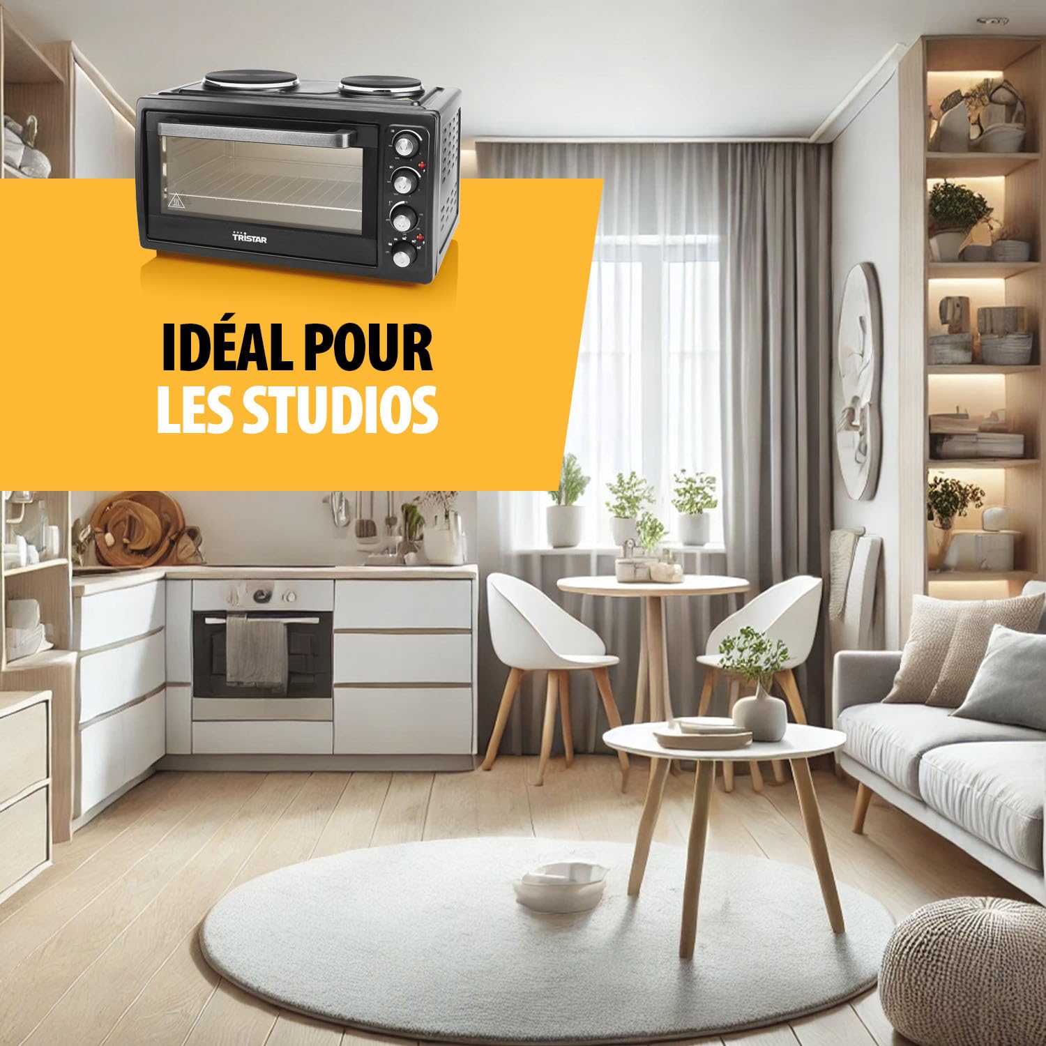 Tristar Four à convection avec 2 plaques chauffantes, Capacité : 38 L, 3100 W, Plaque de cuisson et gril, 90-230 ⁰C, adapté pour le camping, OV-1442, Noir