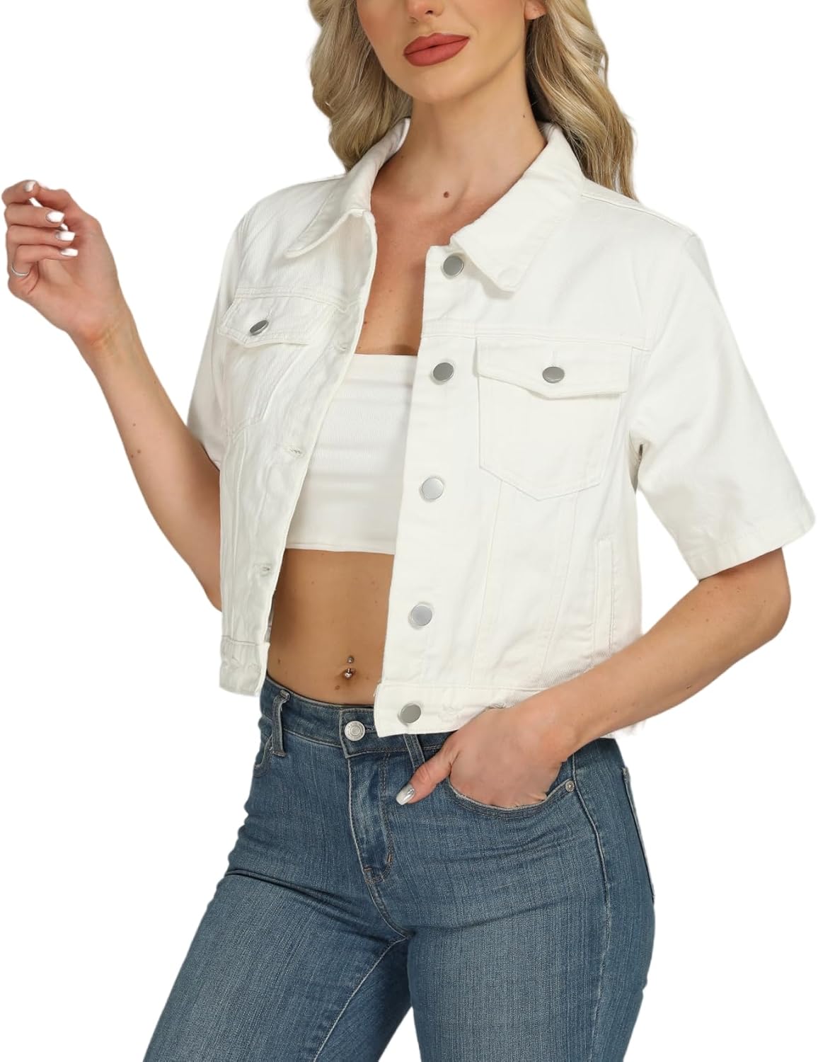 LifeShe Cropped Denim Jacket for Women Short Sleeve Casual Ripped Jean Jackets Distressed Trucker Coats - Image 3