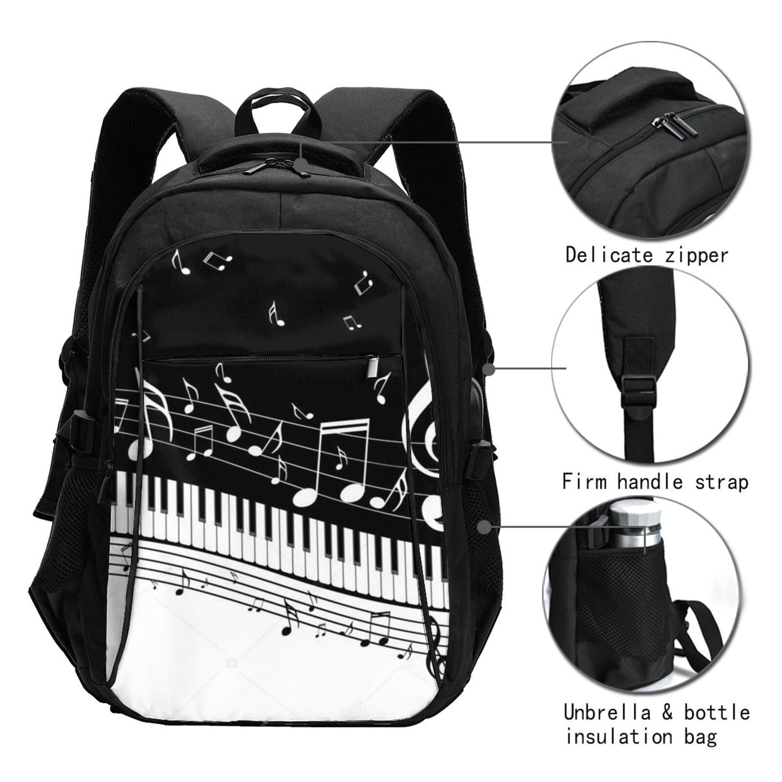 InOmak Fliegende Musiknoten, musikalische Klaviertasten, Reiserucksack, Freizeitrucksack, Schulrucksack, Laptop-Rucksack für Damen und Herren