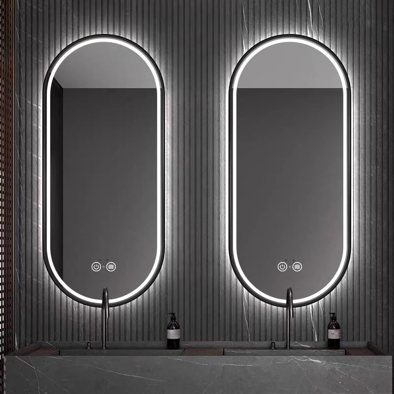 Specchio Espejo de baño ovalado LED Negro de 40 x 70 cm, iluminado con 3 ajustes de Color, Control táctil, película antivaho y diseño retroiluminado Moderno para baños Elegantes.