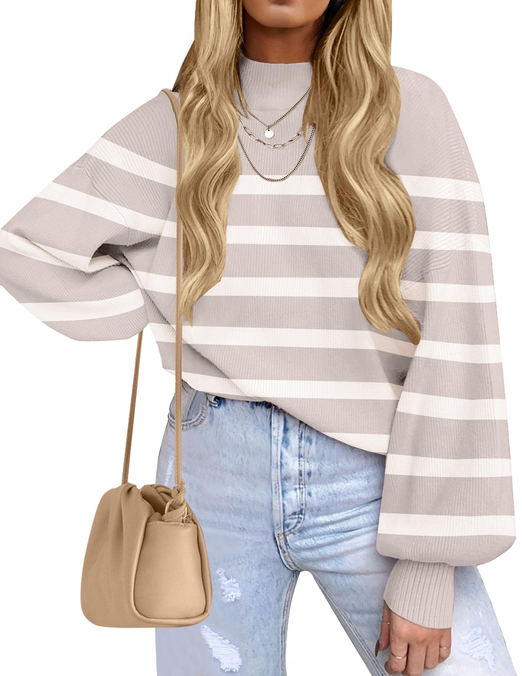 ZESICA Women's 2026 Fall Striped Pullover Sweaters Tops Fashion Outfits | Checkered, Mock Neck, Oversized, Trendy Casual Loose Fit, Cute, Chunky Cozy Holiday Winter Clothes