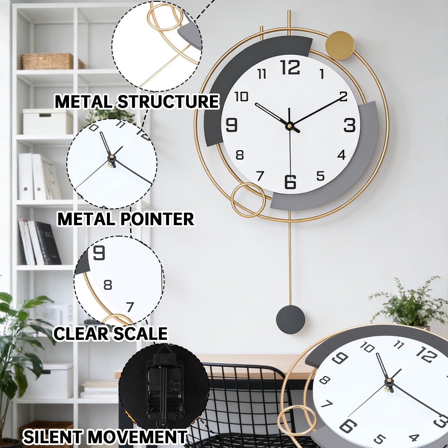 Decorative Wall Clocks with Pendulum,Silent Quality Quartz Battery Operated,Large Wall Clock for Living Room,Kitchen,Home,Bathroom,Bedroom Wall Decor,16x25.6inch