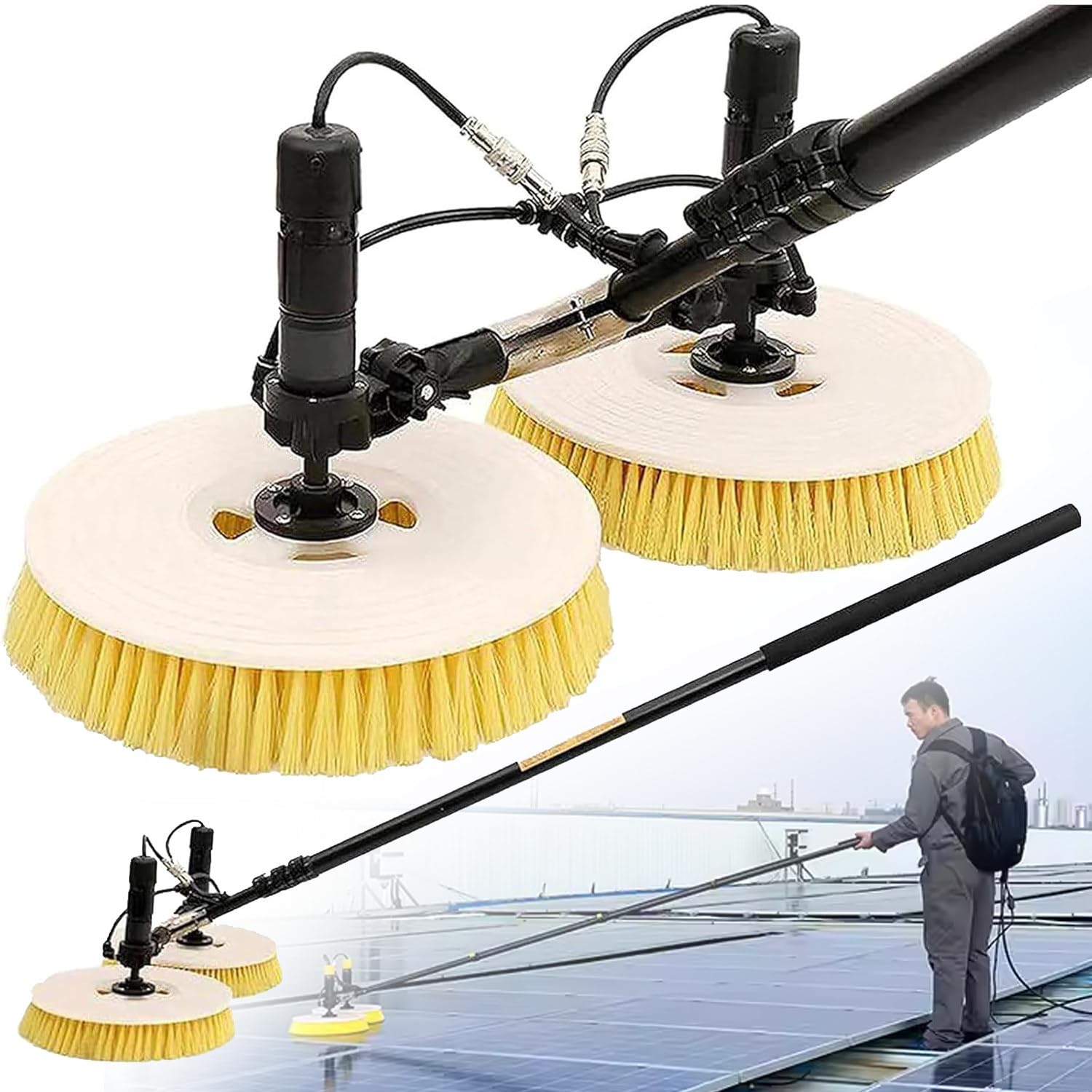 ASerZenith Photovoltaic Panel Cleaning Kit - 350-750Cm Adjustable Solar Panel Brush With Dual Rotating Heads, 40Mm Aluminum Alloy Telescopic Rod, 65Cm Cleaning Range,7.5M