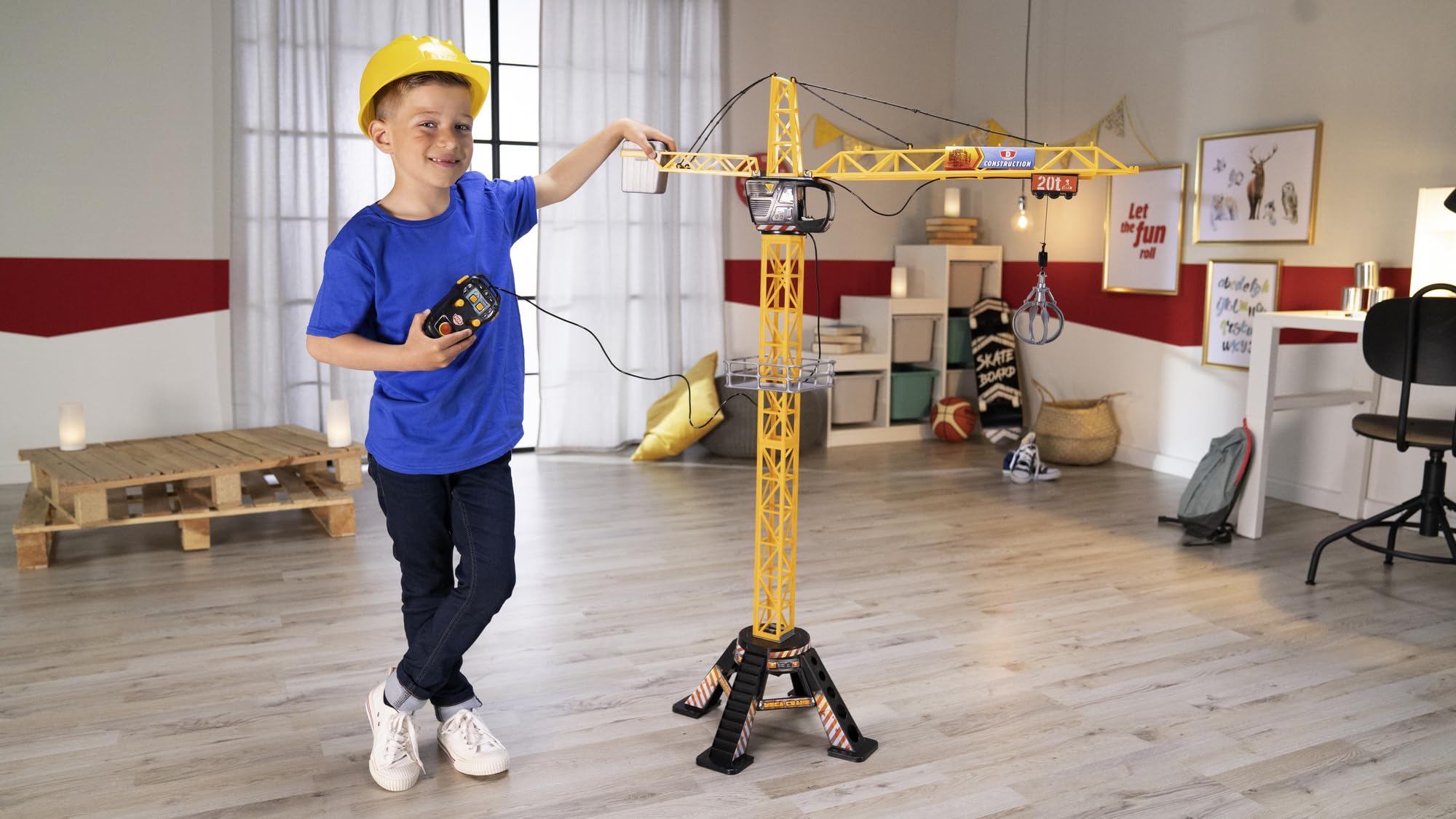 Dickie Toys 201139012 Mega Crane Sterowany Dźwig elektryczny 120 cm, obrotowa kabina o 360°, ramię z chwytakiem, platforma załadowcza, żuraw do zabawy wewnątrz i na zewnąrz dla dzieci od 3 lat