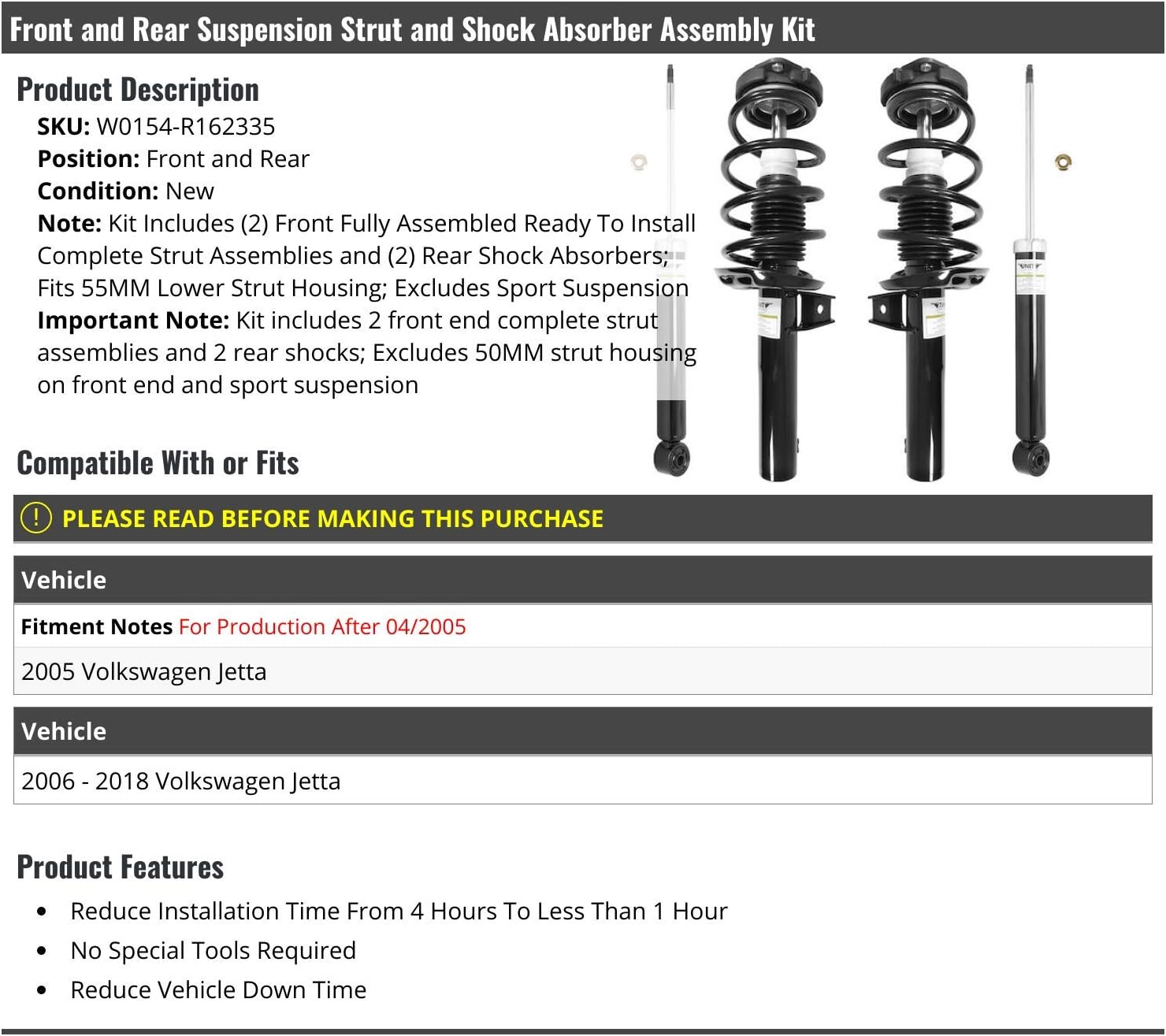 Front & Rear Suspension Strut Coil Spring & Shock Absorber Assembly 4 Piece Kit - 2005-2018 Volkswagen Jetta (Excludes 50MM Strut Housing & Sport Suspension) (from 04/00/2005)