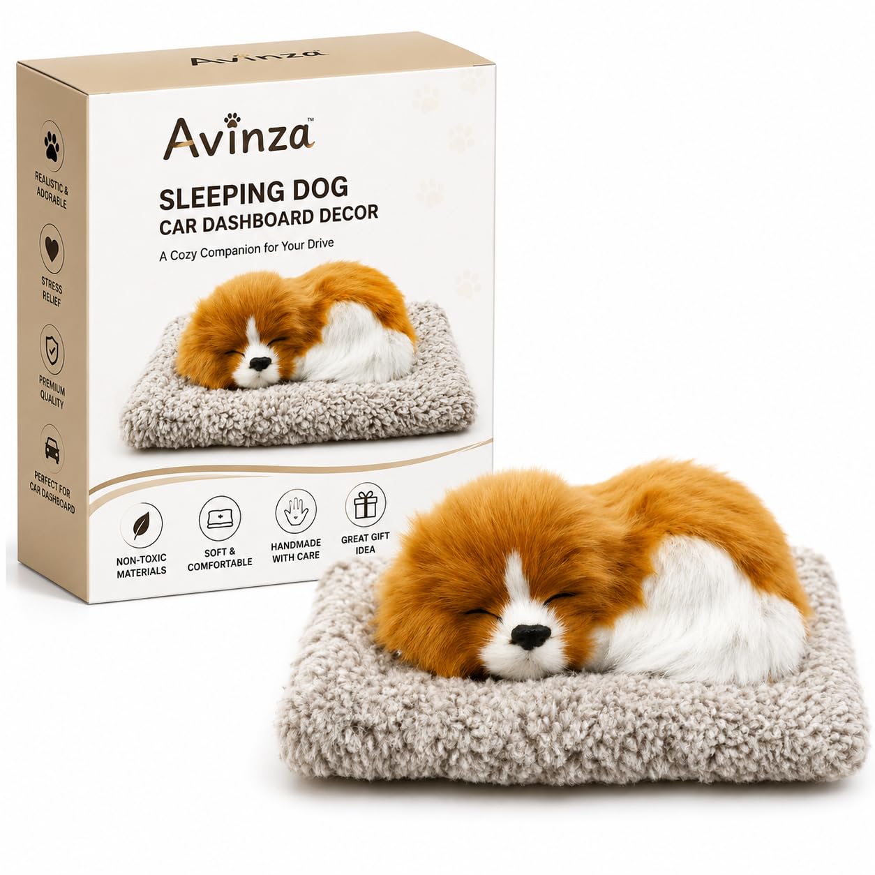 Sleeping Dog Car Dashboard Toy with Soft Plush Fur and Non Slip Base - Cute Puppy Decorative Showpiece for Car Interior, Home Decor Desk Accessory for Dashboard Styling (White & Brown)-image-44