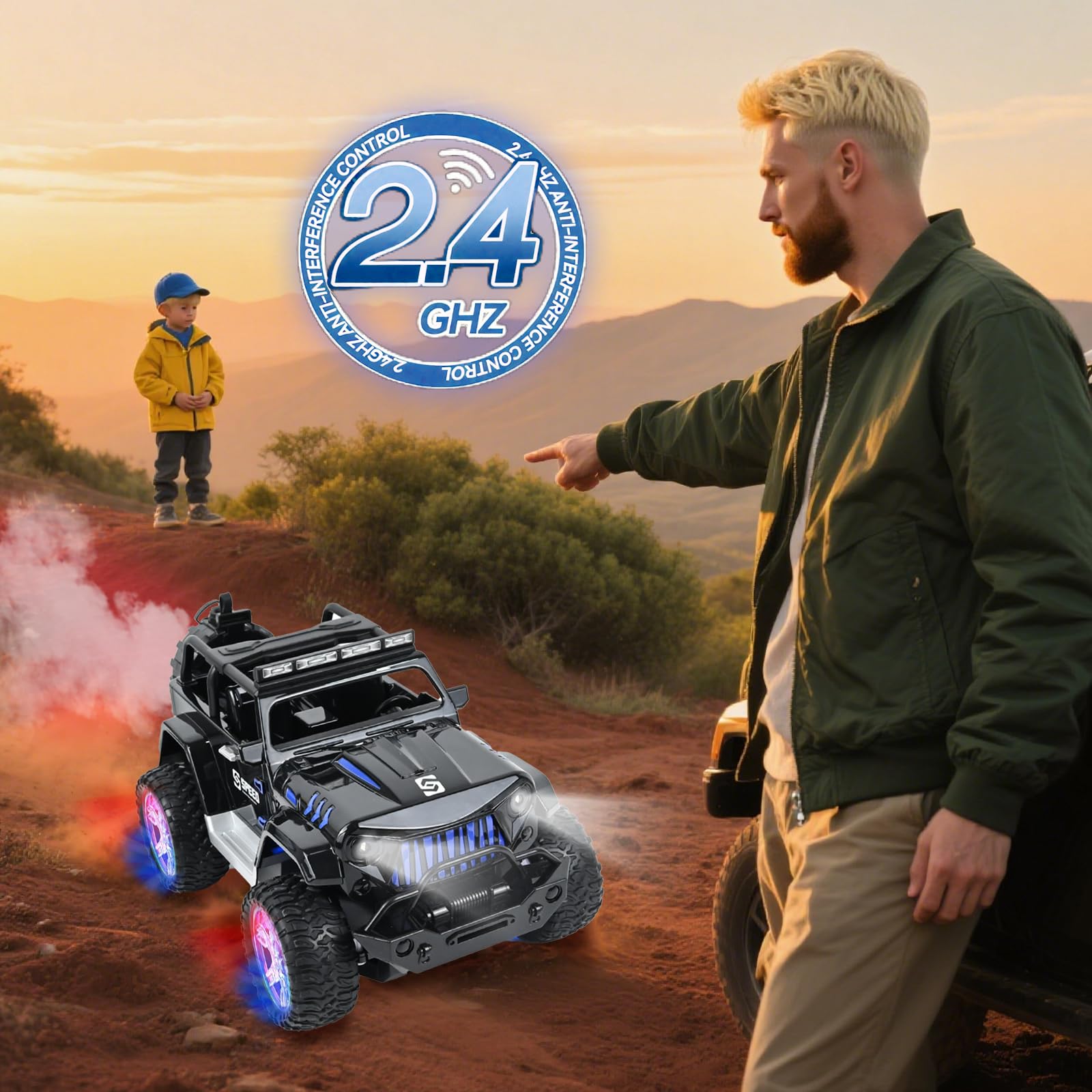 PATEMZON Macchina Telecomandata per Bambini, 2,4GHz Auto RC, Fuoristrada Telecomandato, SUV Telecomandato con Luce, Nebbia Spray, Suono, 2 Batterie 60Min, Regalo per Ragazzi Ragazze 6-16 Anni