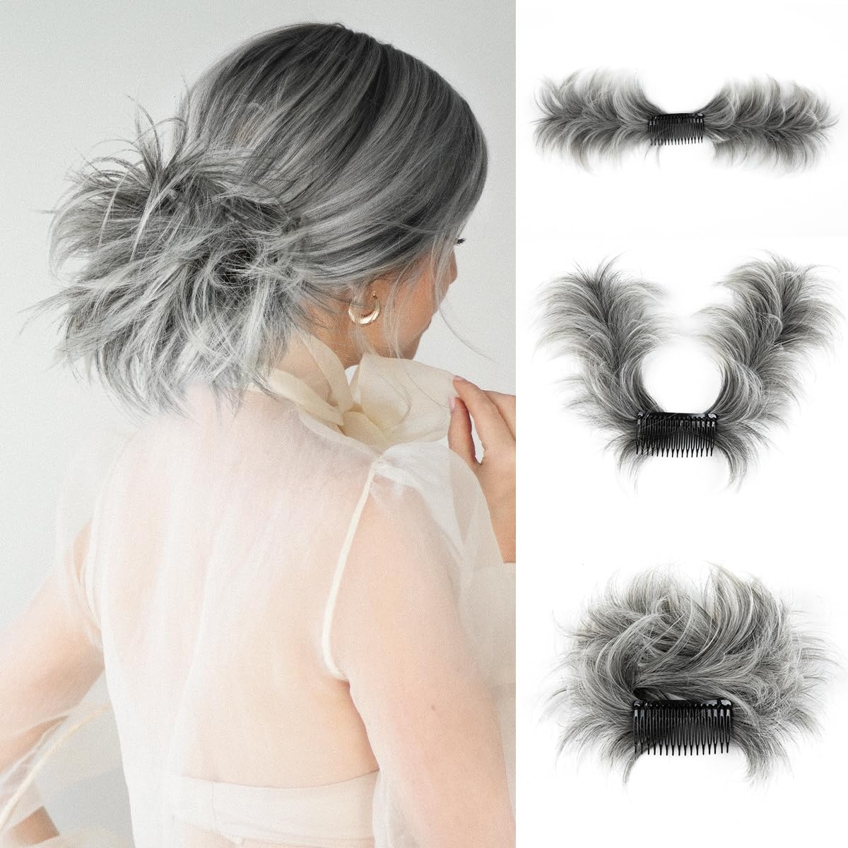 Messy Bun Hair Piece Side Comb Clip in Hair Bun Hairpiece for Women Short Natural Straight Versatile Adjustable Styles Easy Hair pieces (Salt Pepper-S)